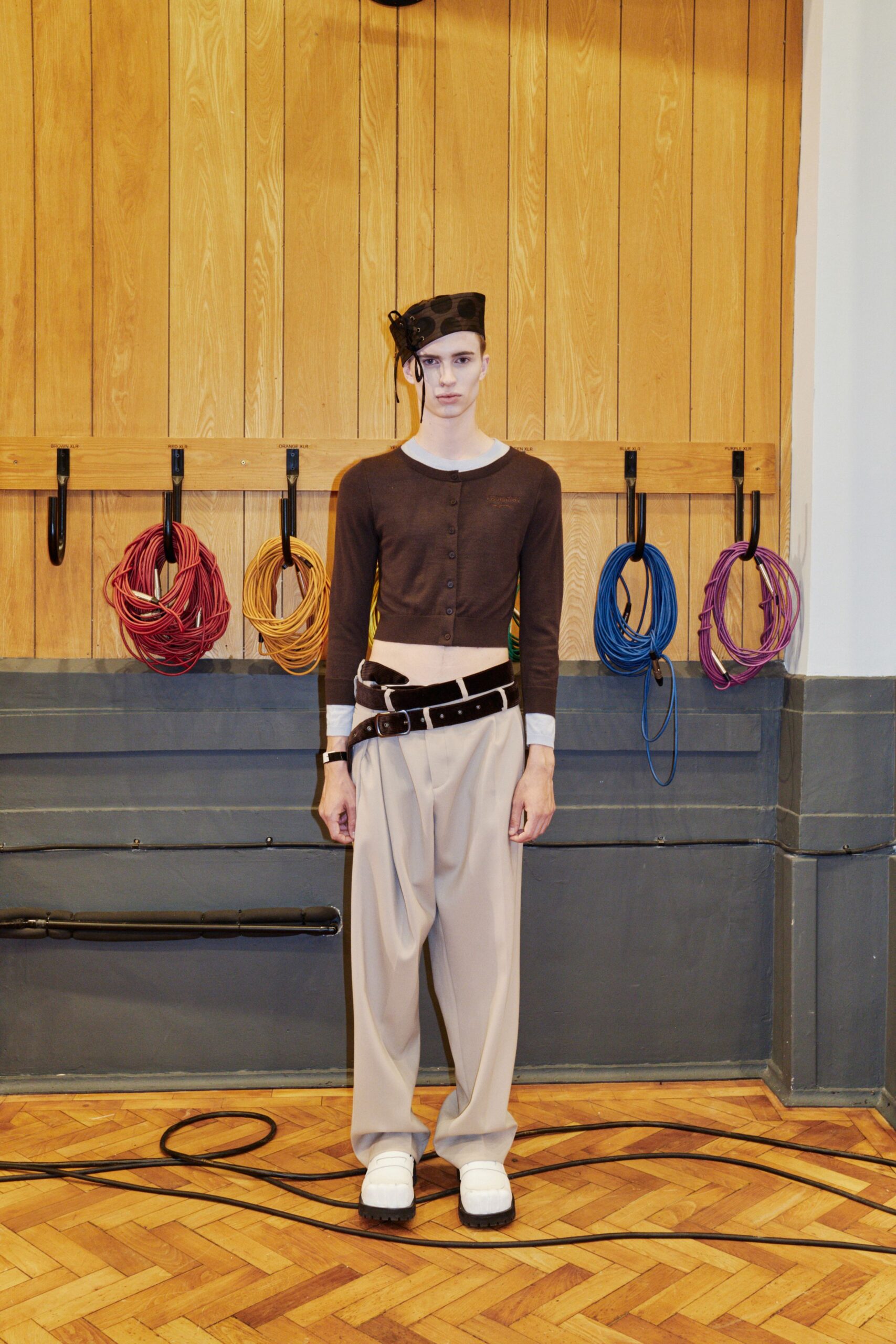 beige wool high-waisted pleated wide-leg maxi pants