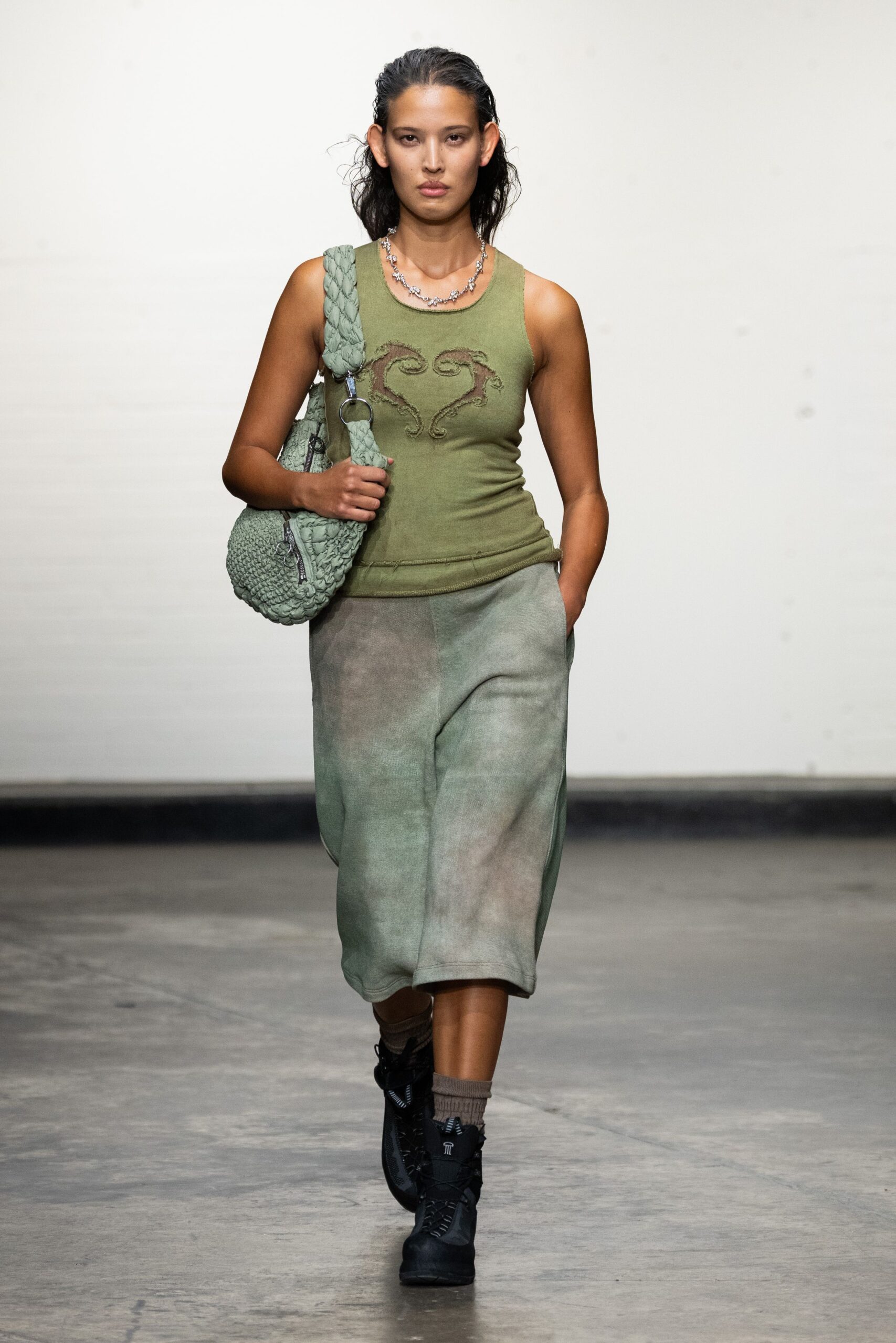 green tank-top and midi skirt