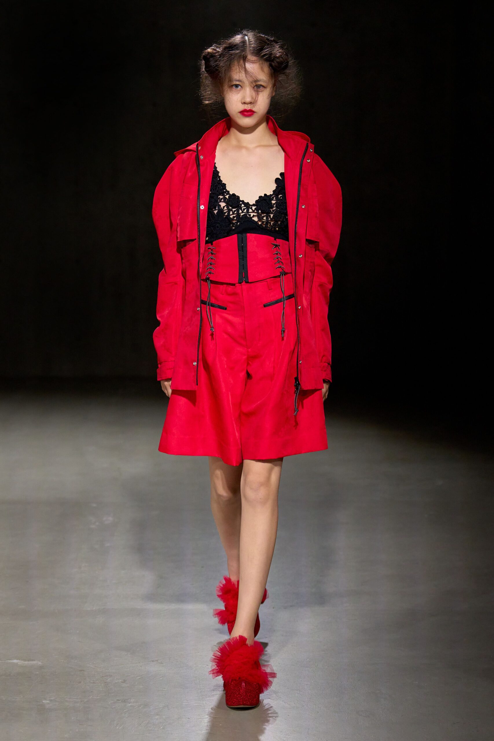 red relaxed jacket with black lace top