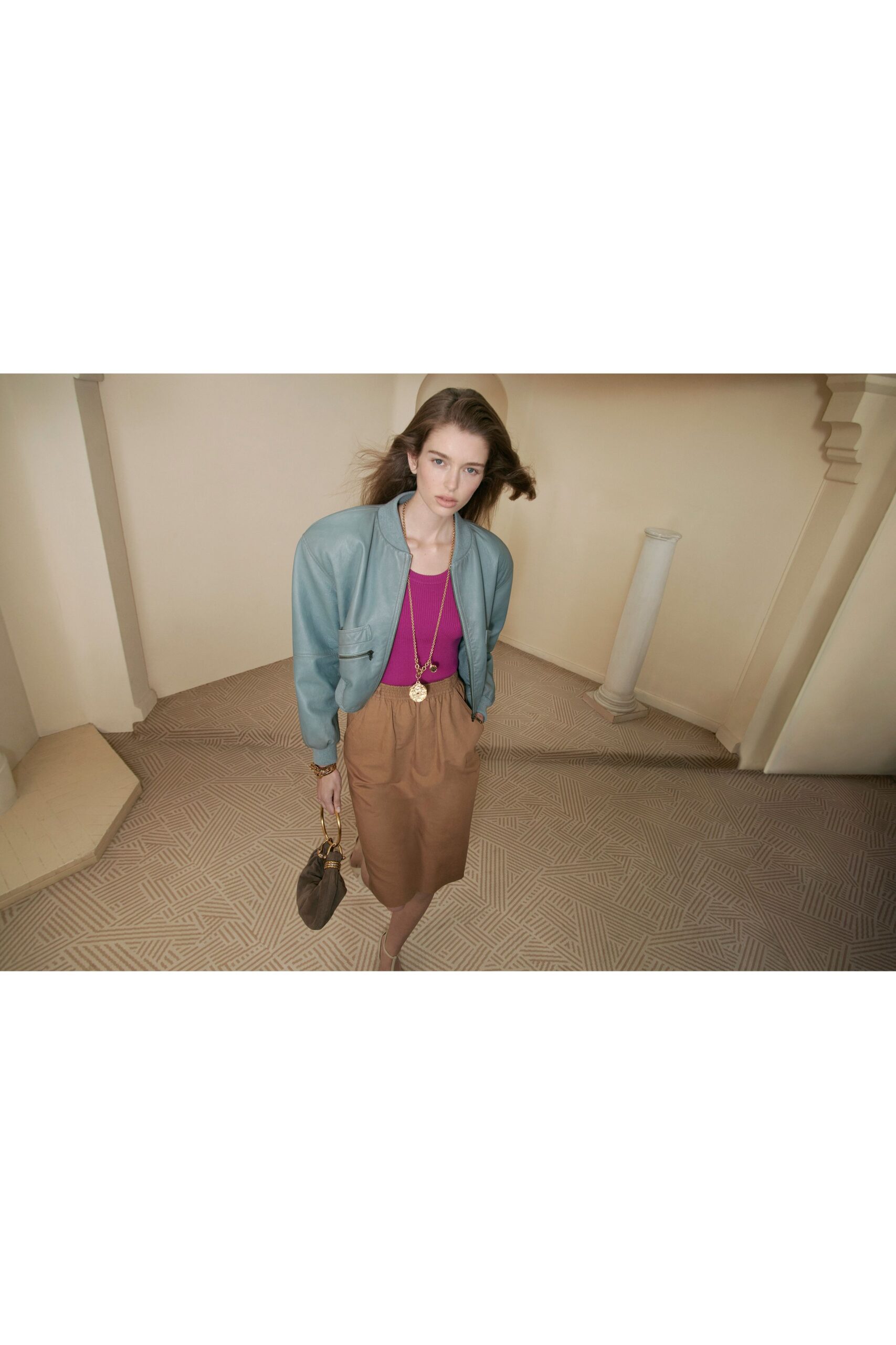 blue leather long-sleeve collared oversized zippered pockets jacket