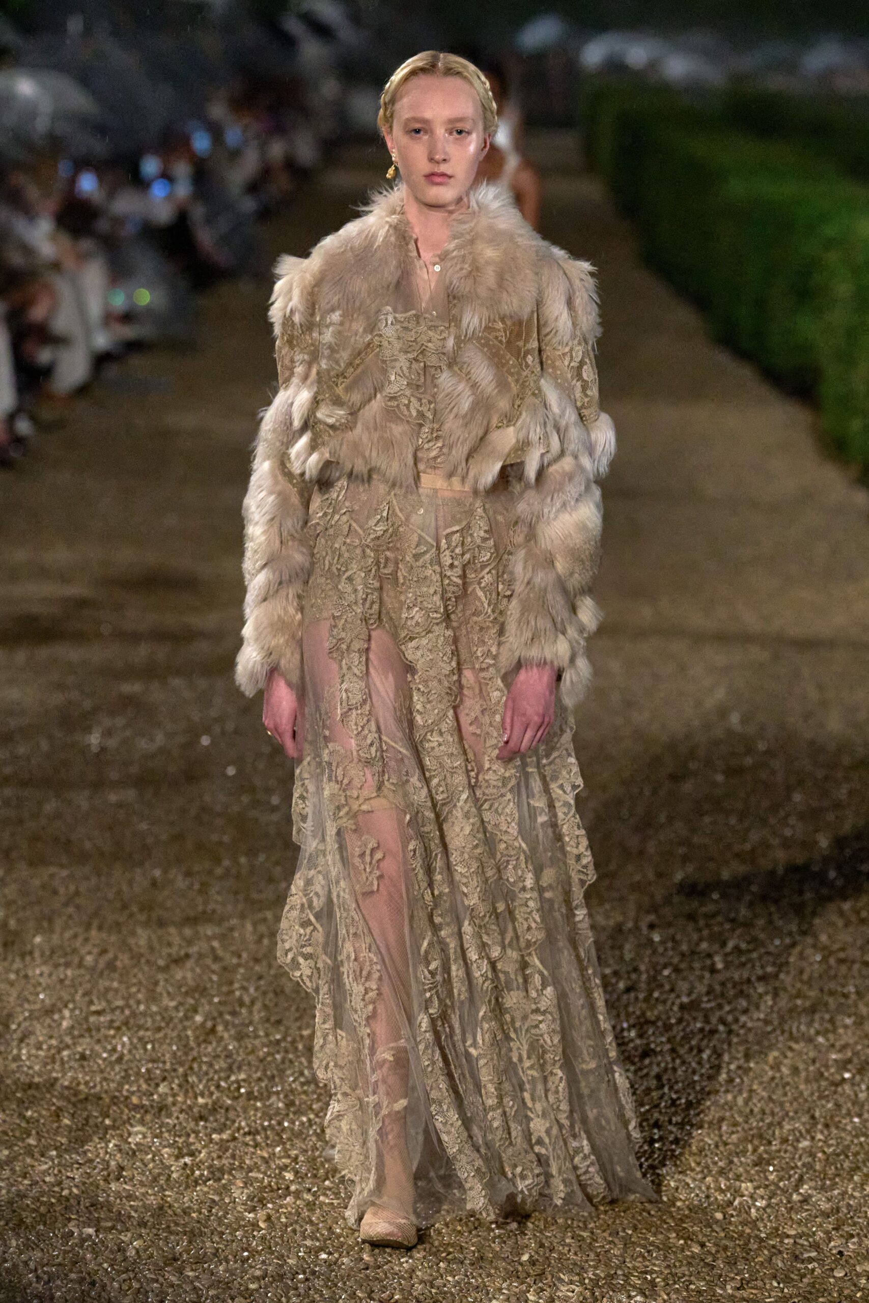 beige fur long-sleeve v-neck fitted ruffled layered gown
