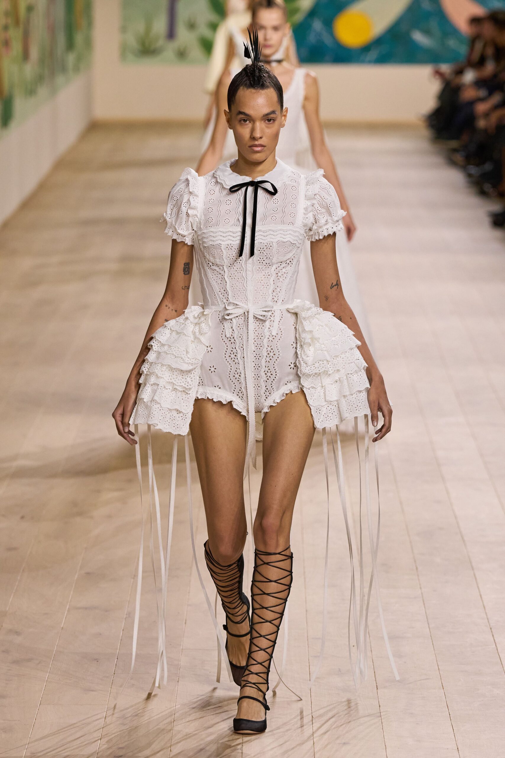 white cotton sleeveless collared fitted ruffled embroidered dress