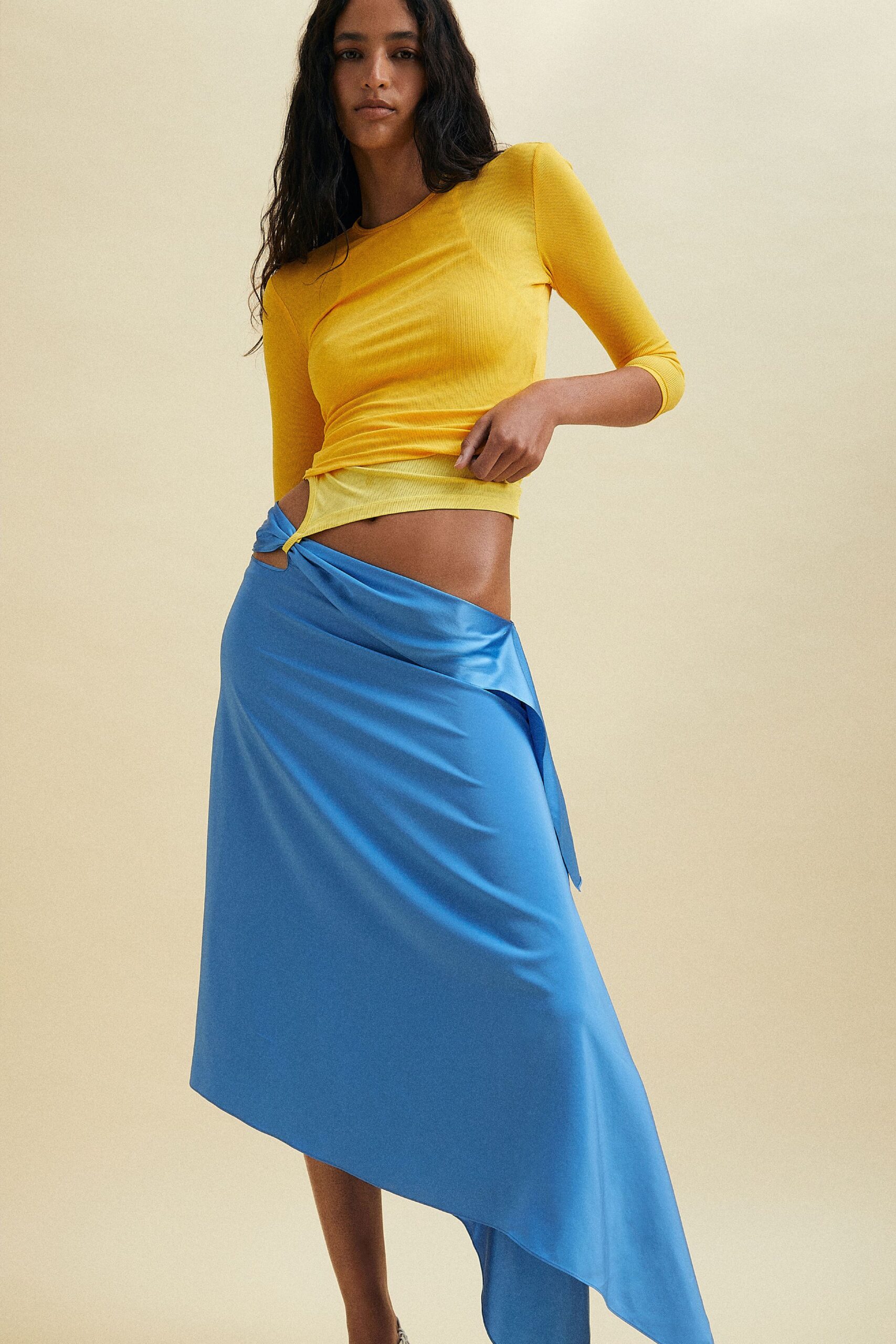 blue silk asymmetric relaxed draped skirt