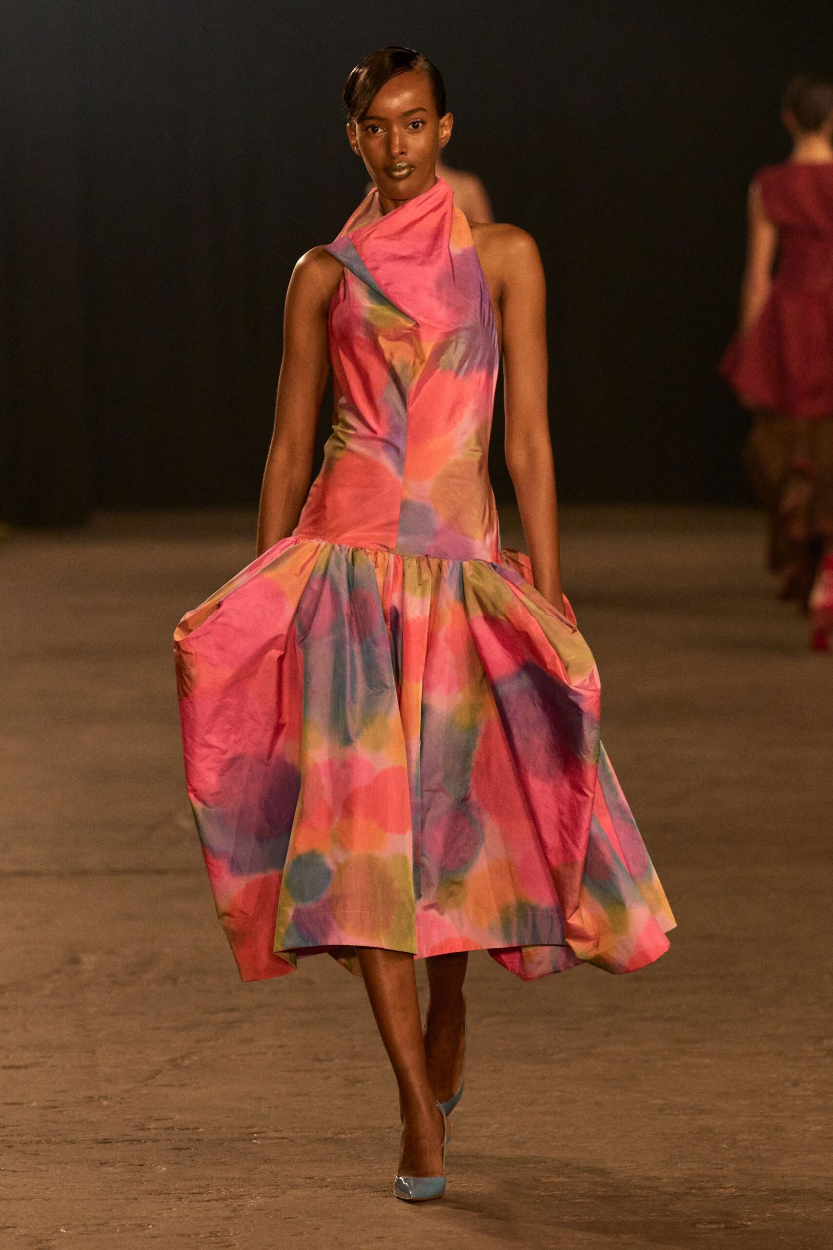 colorful silk midi dress with heels