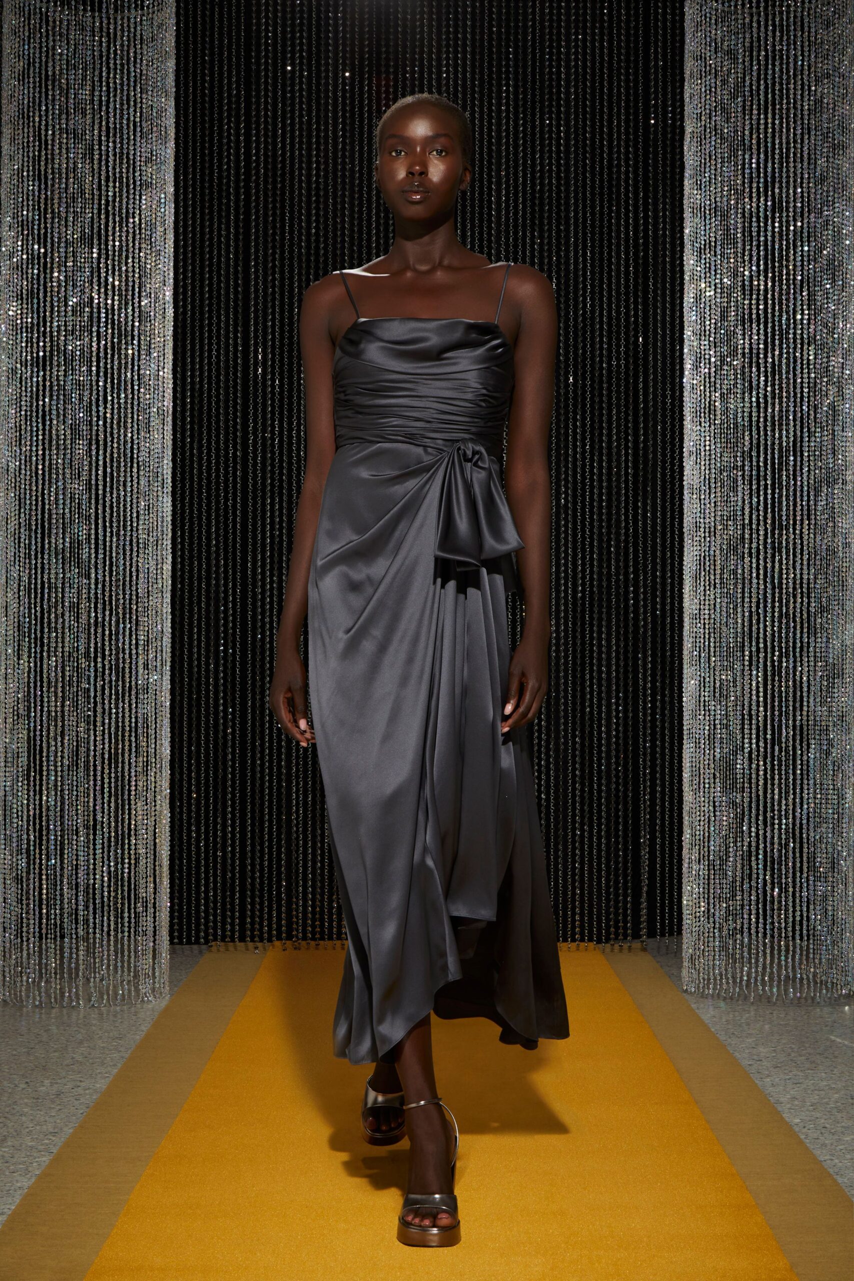 black silk sleeveless gown