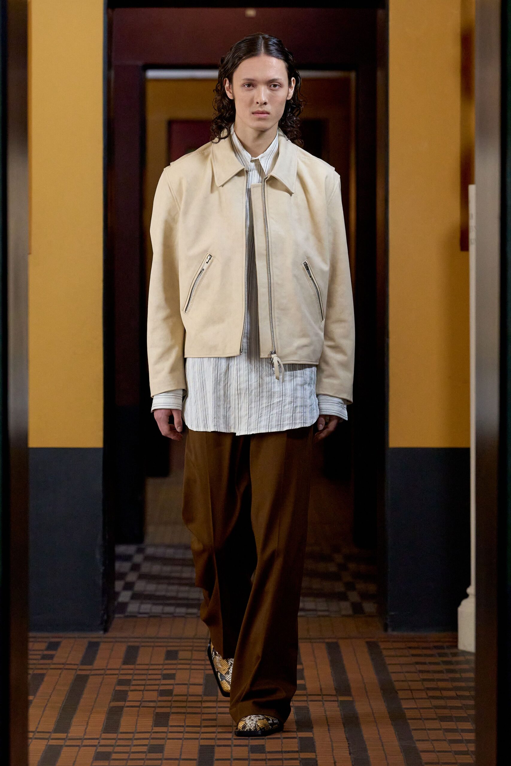 beige leather jacket with striped shirt