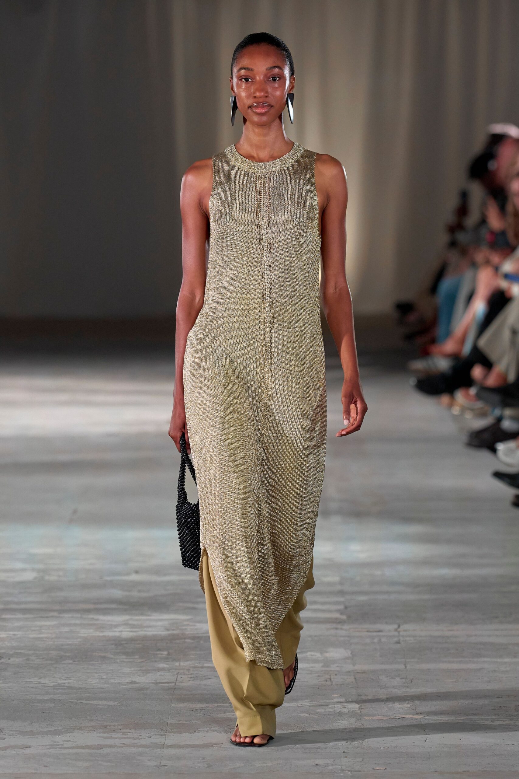 gold silk sleeveless high-neck relaxed flowing shiny dress