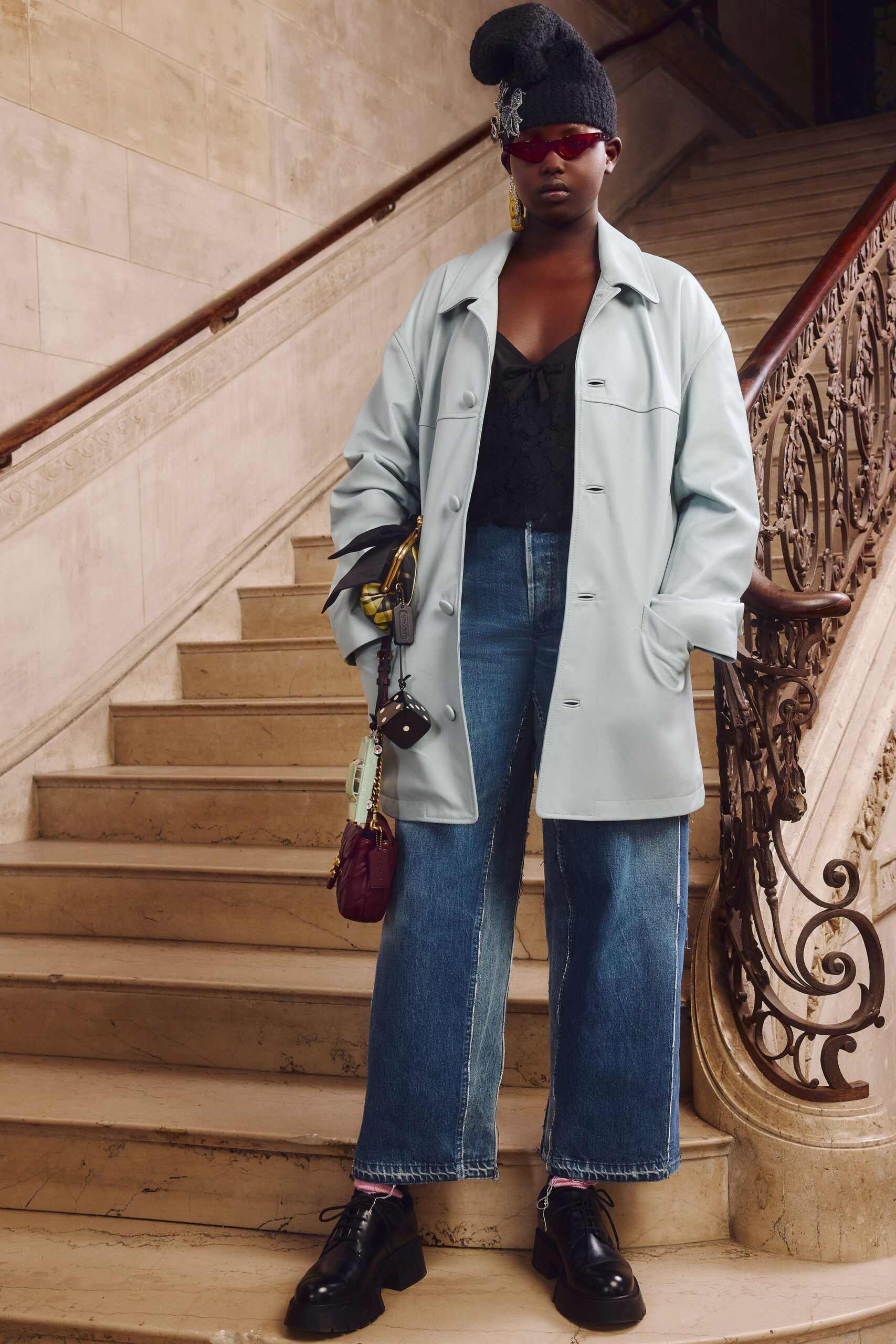 light blue oversized coat with black lace top