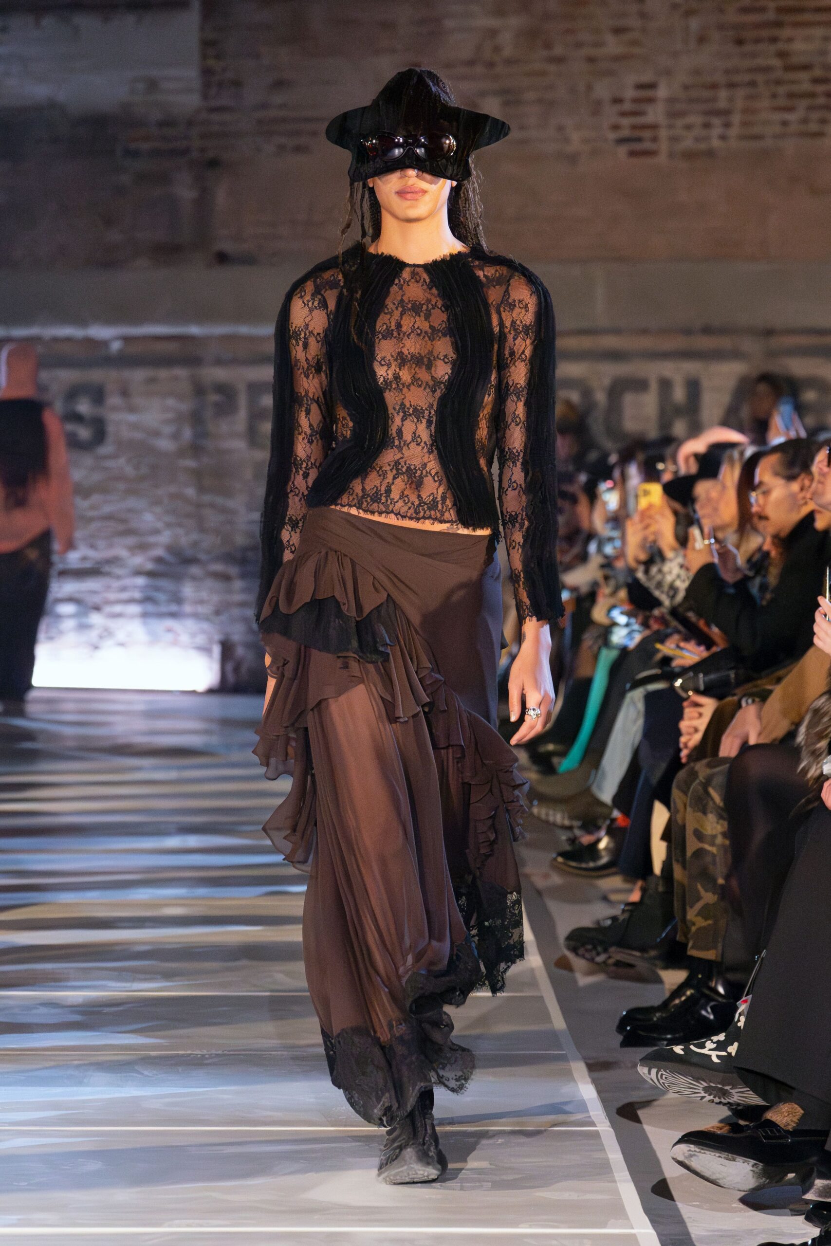 black lace top brown skirt