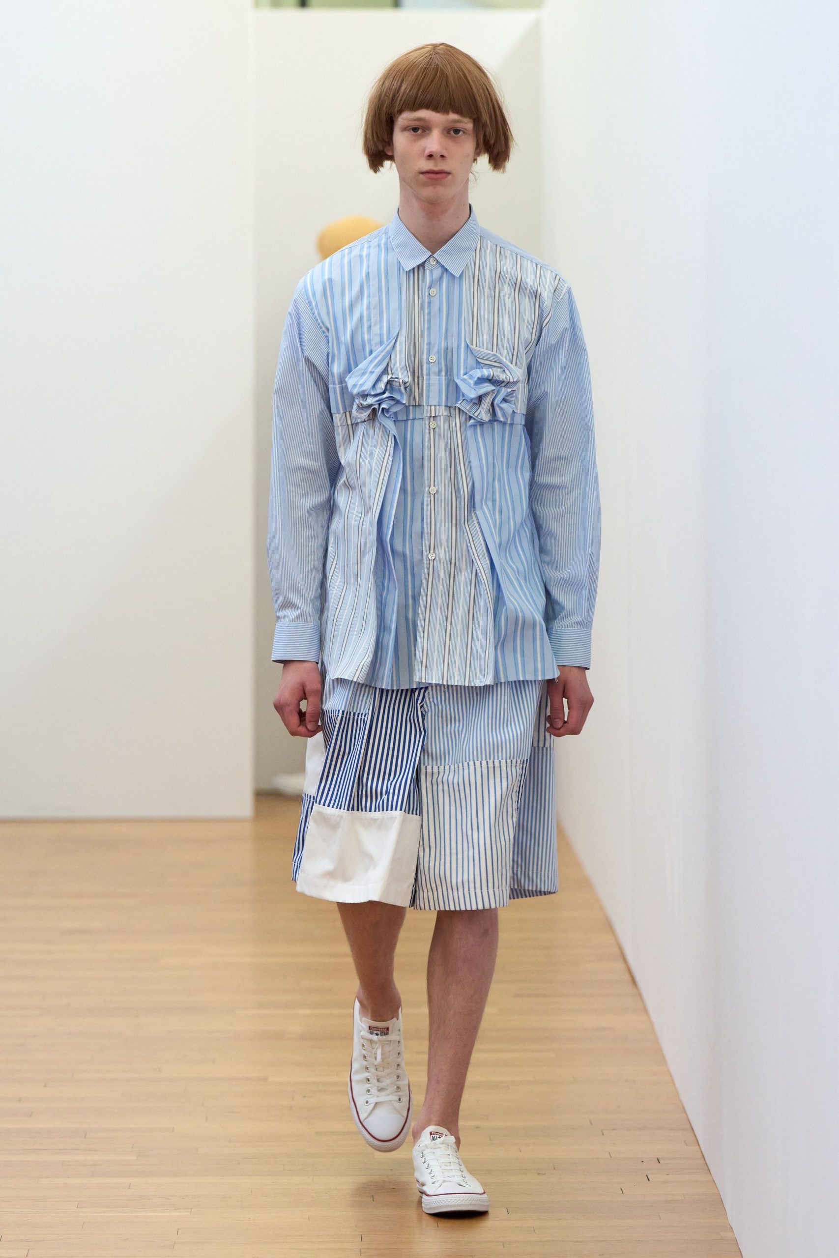 blue and white striped shirt and shorts