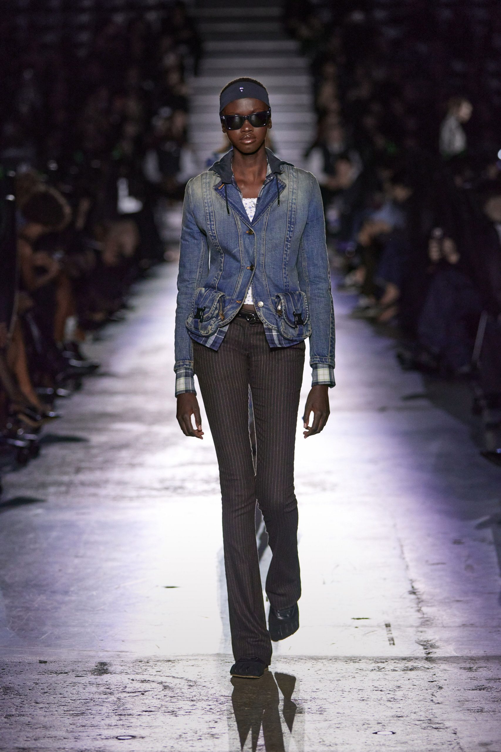 blue denim jacket with flared pants