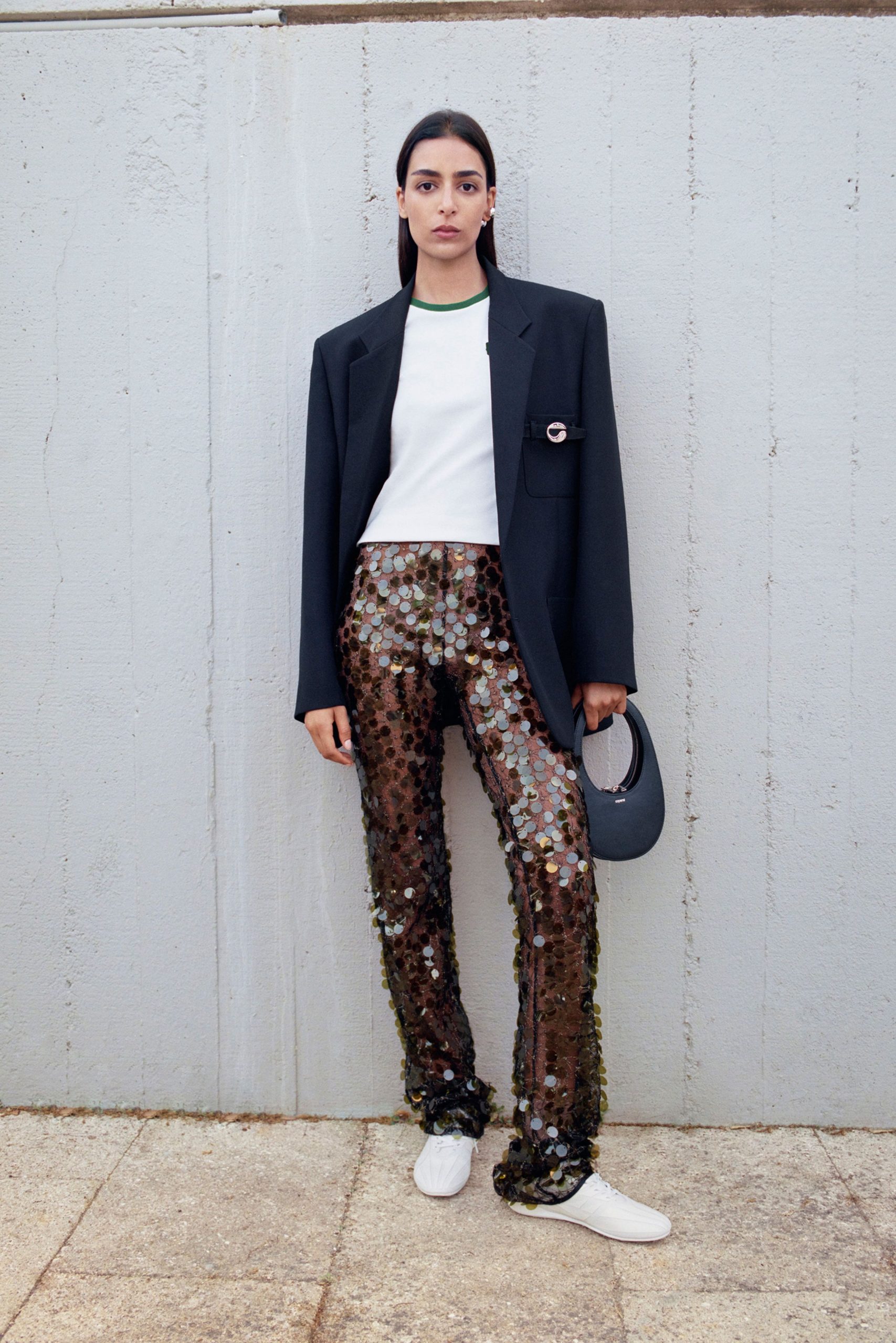 black blazer white top sequin pants