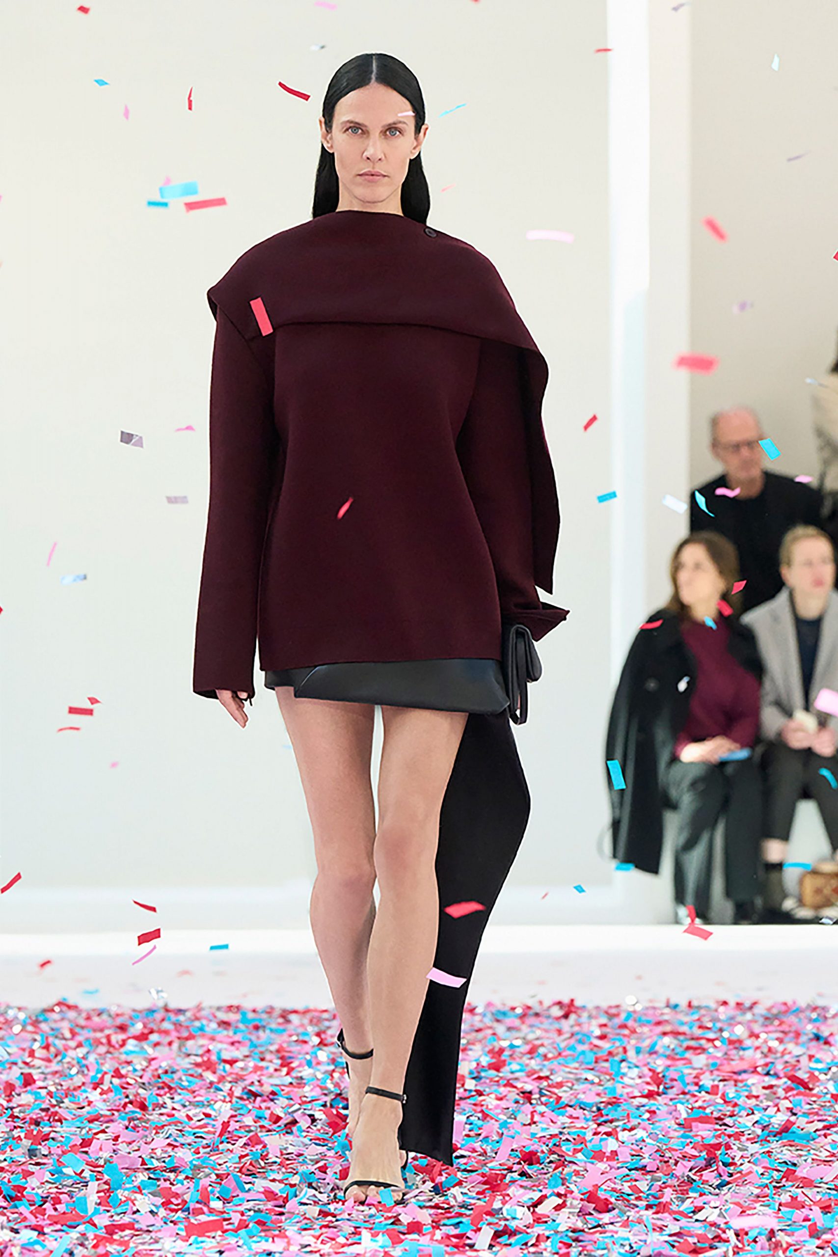 maroon wool long-sleeve asymmetric fitted layered mini dress