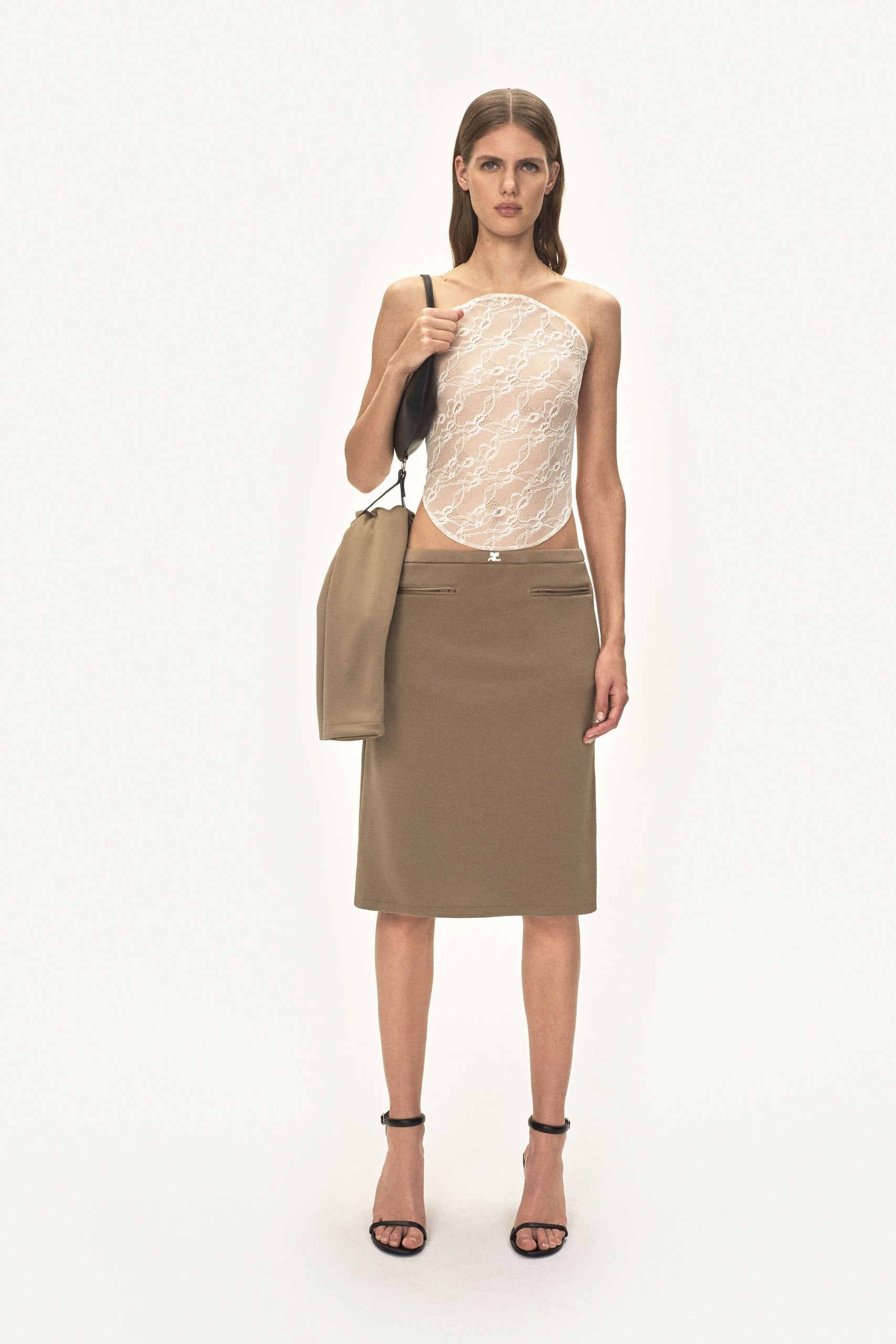 white lace fitted top beige pencil skirt