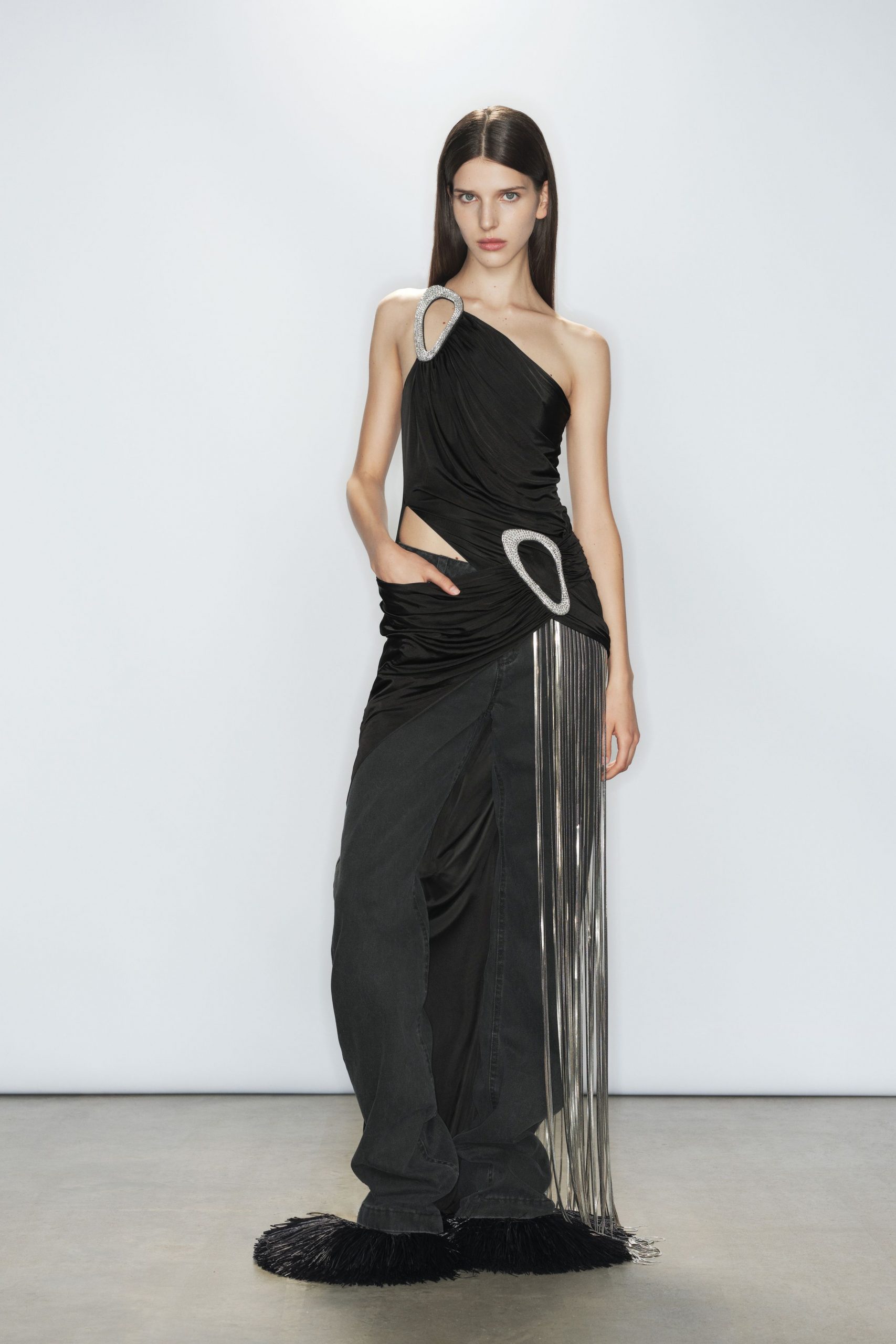black draped maxi dress with fringes