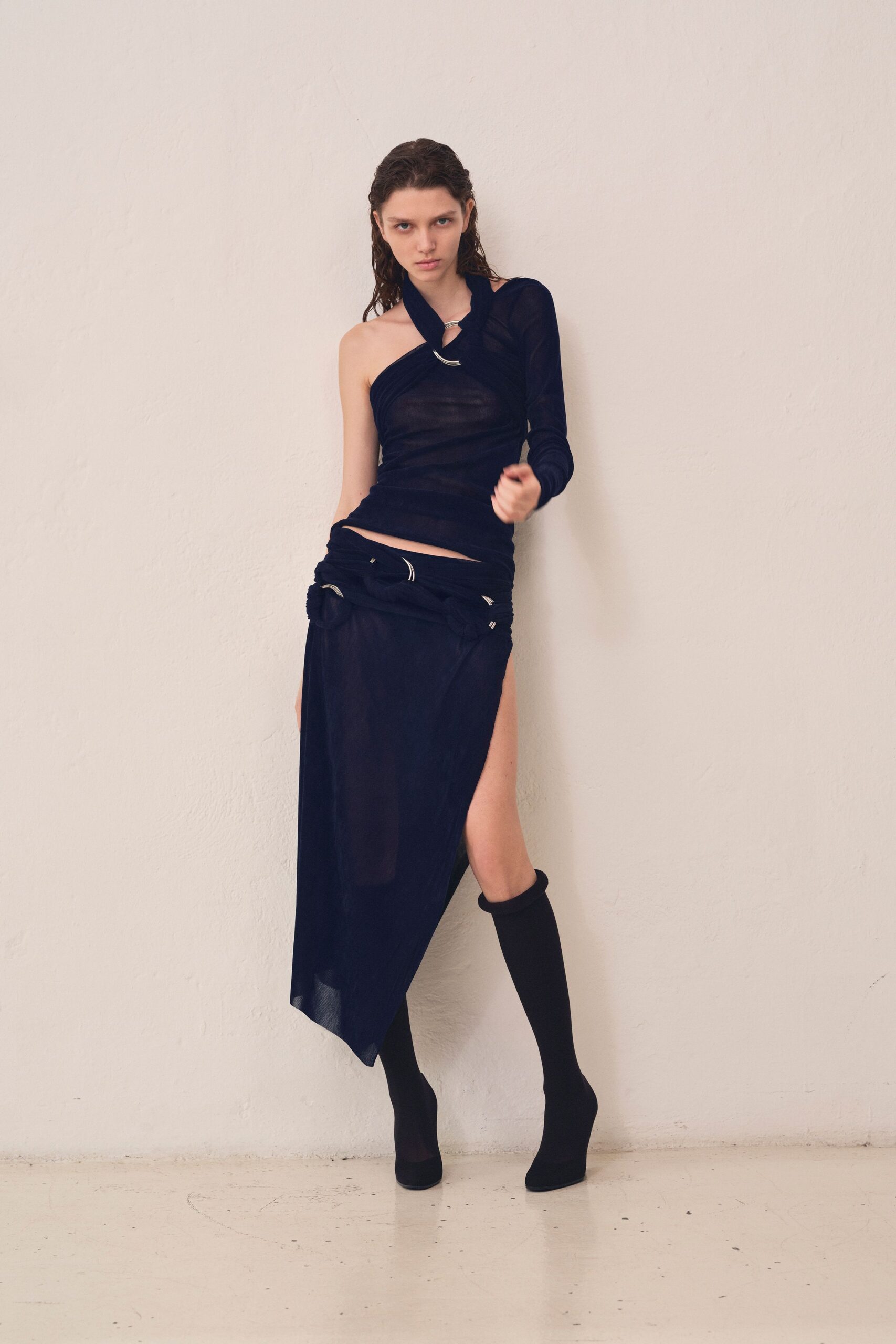 black silk sleeveless asymmetric fitted ruched midi dress