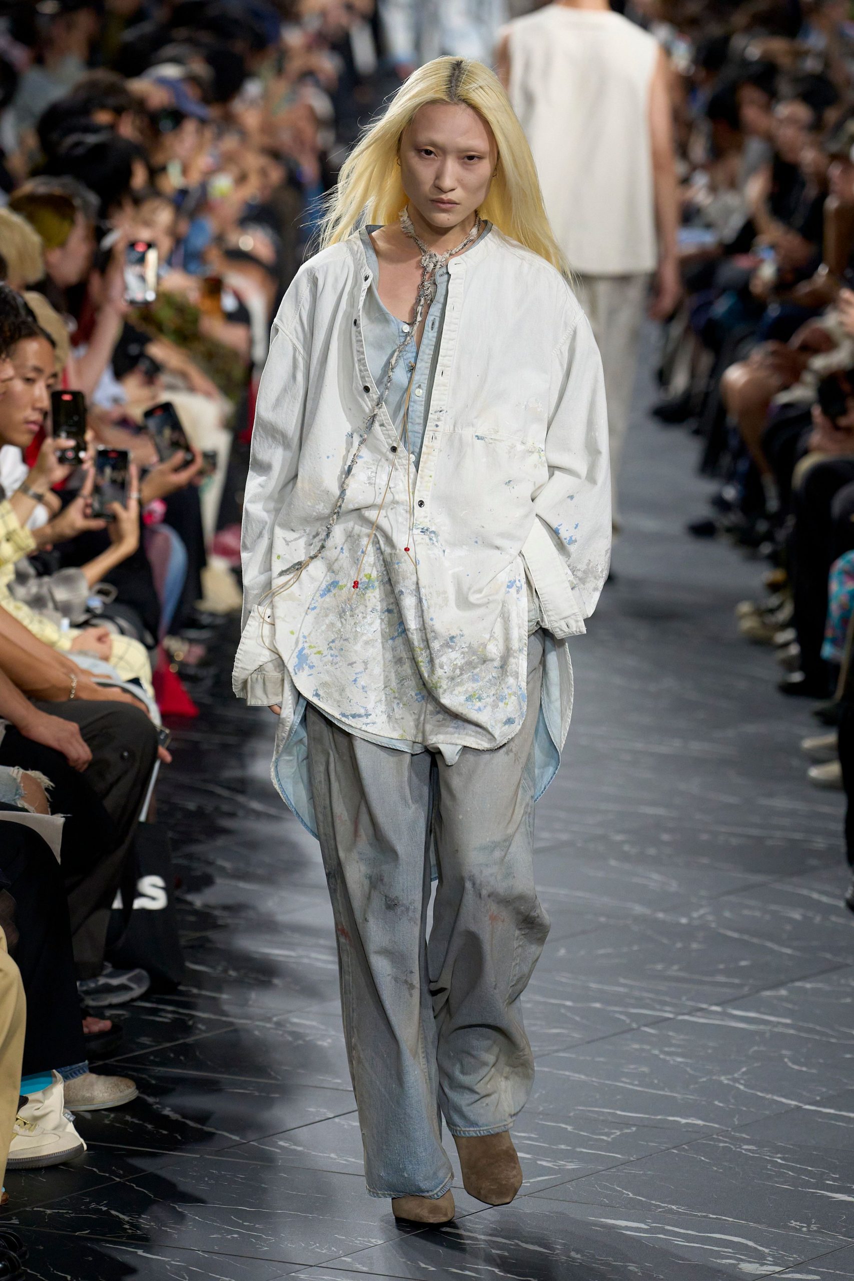 white relaxed jacket with blue shirt