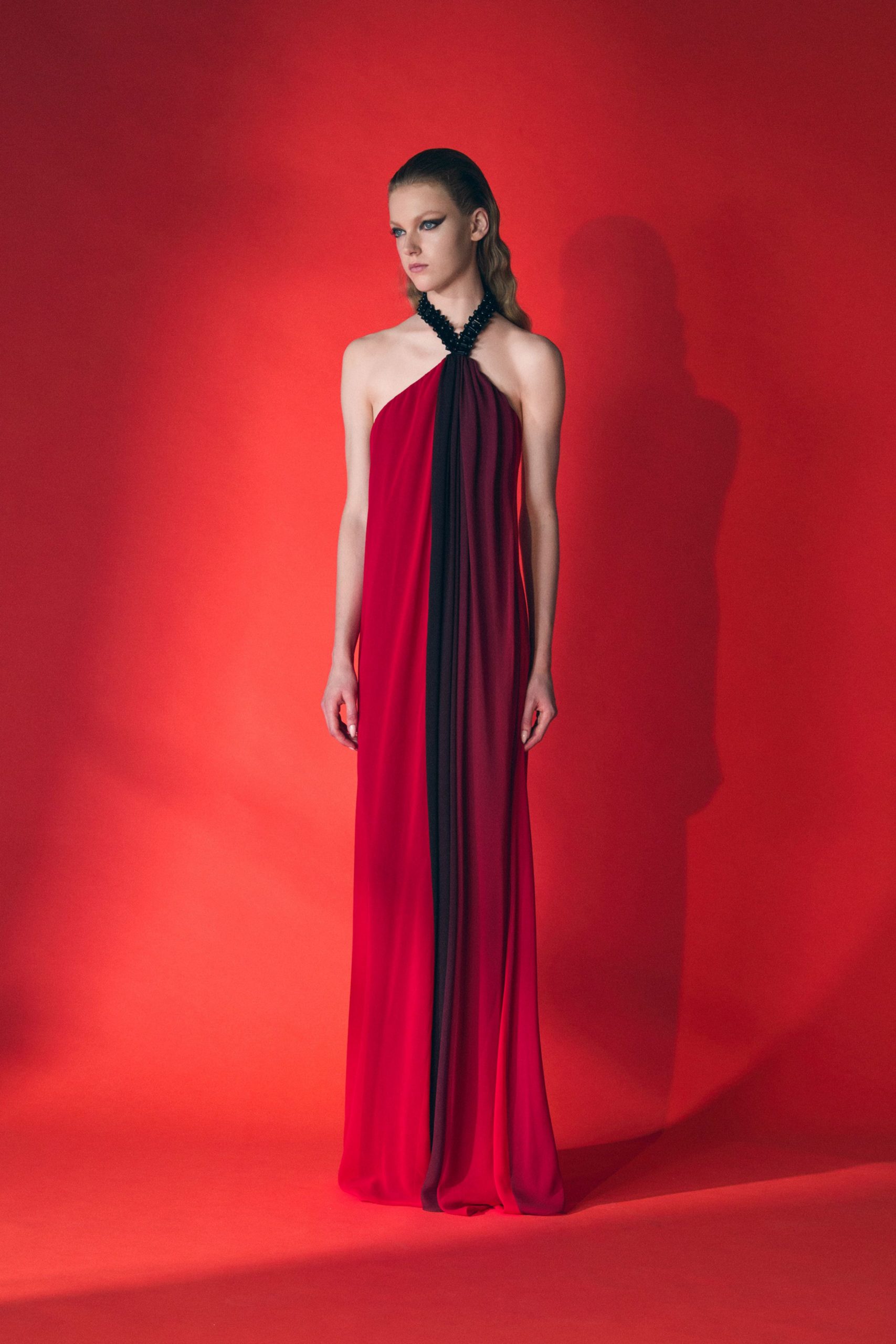 red chiffon sleeveless gown