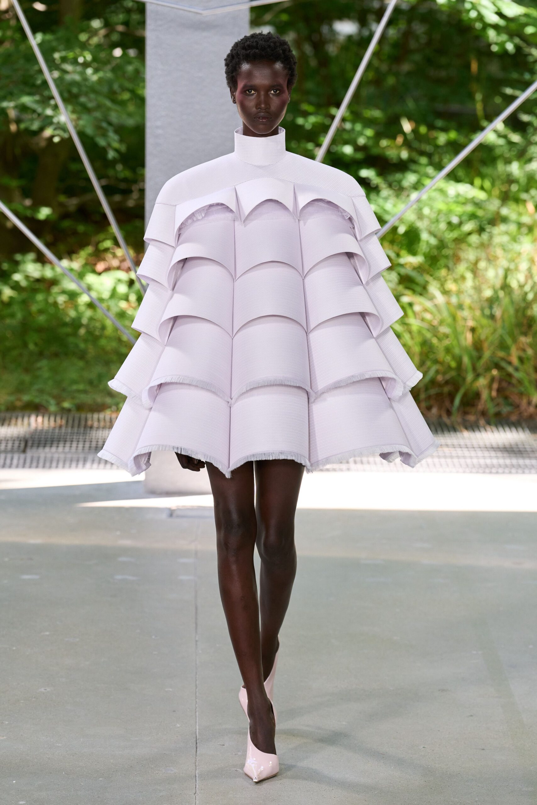 pink cotton long-sleeve high-neck structured layered mini cape