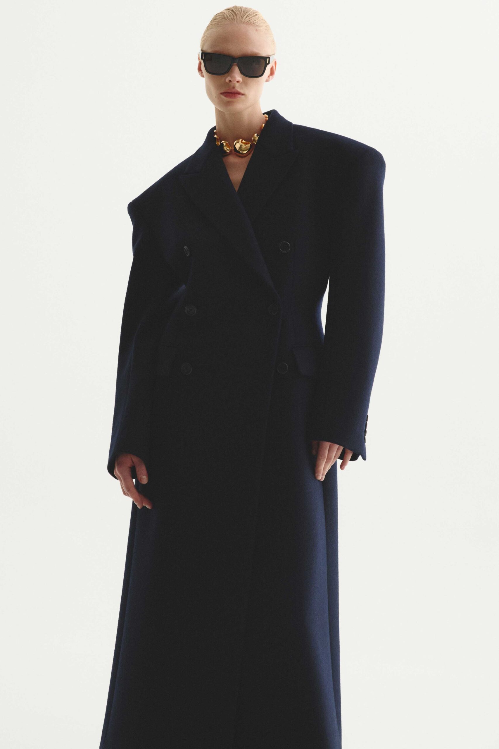 black wool long-sleeve collared structured maxi coat