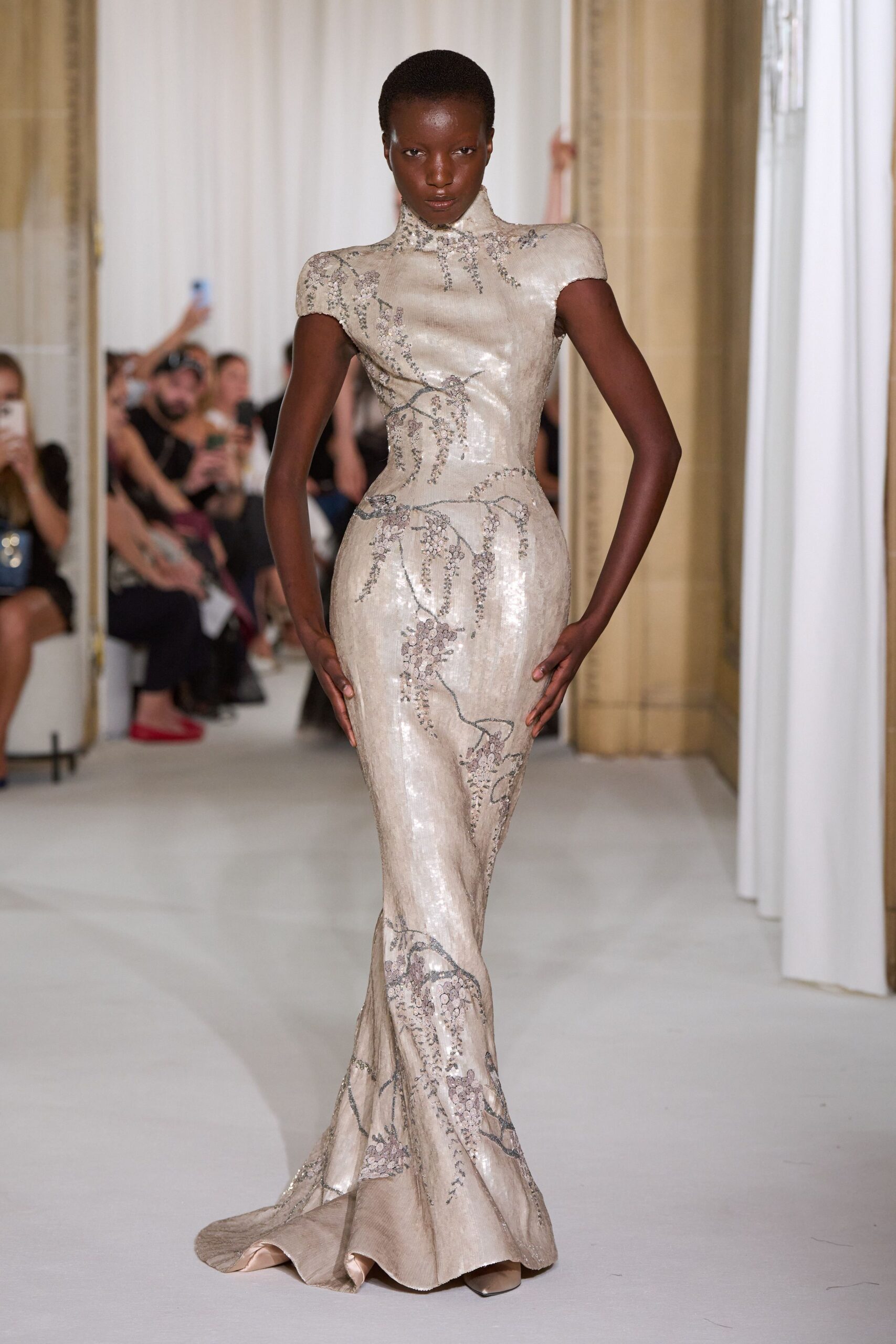 beige silk embroidered gown