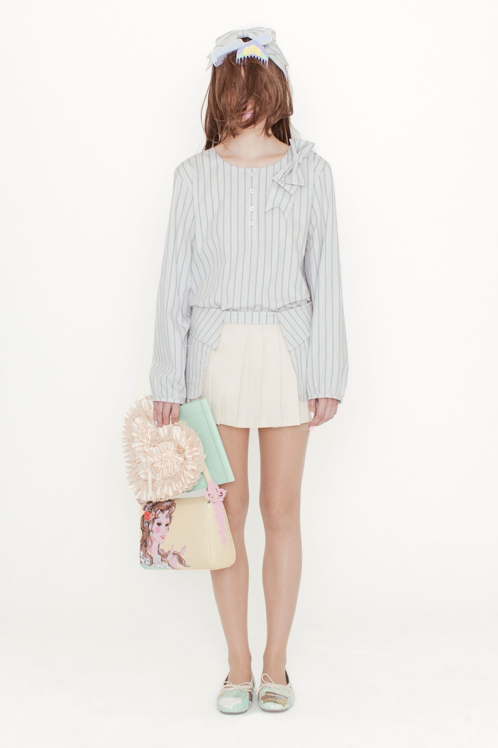 blue striped top with pleated skirt