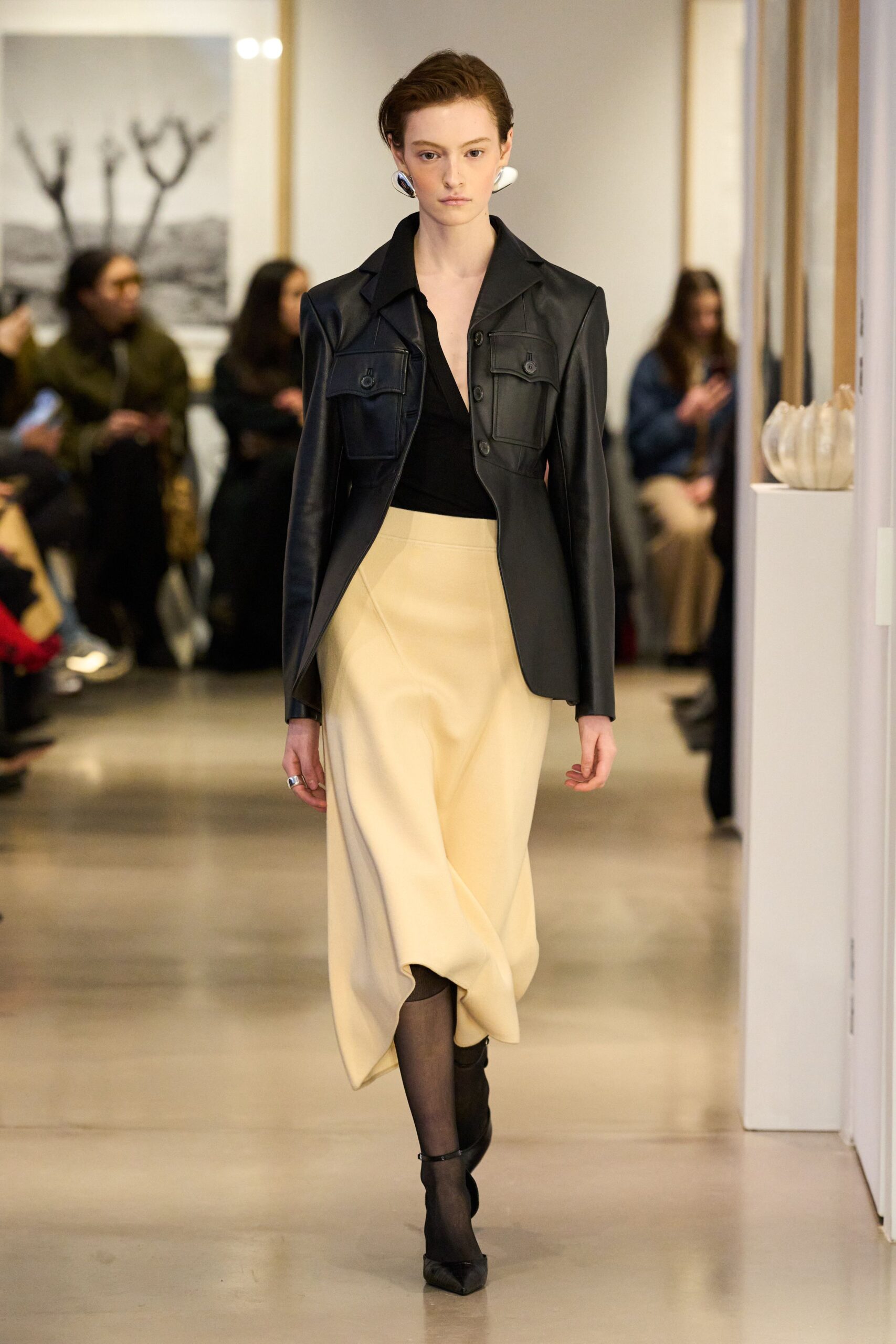 beige wool asymmetric fitted high-waisted midi skirt