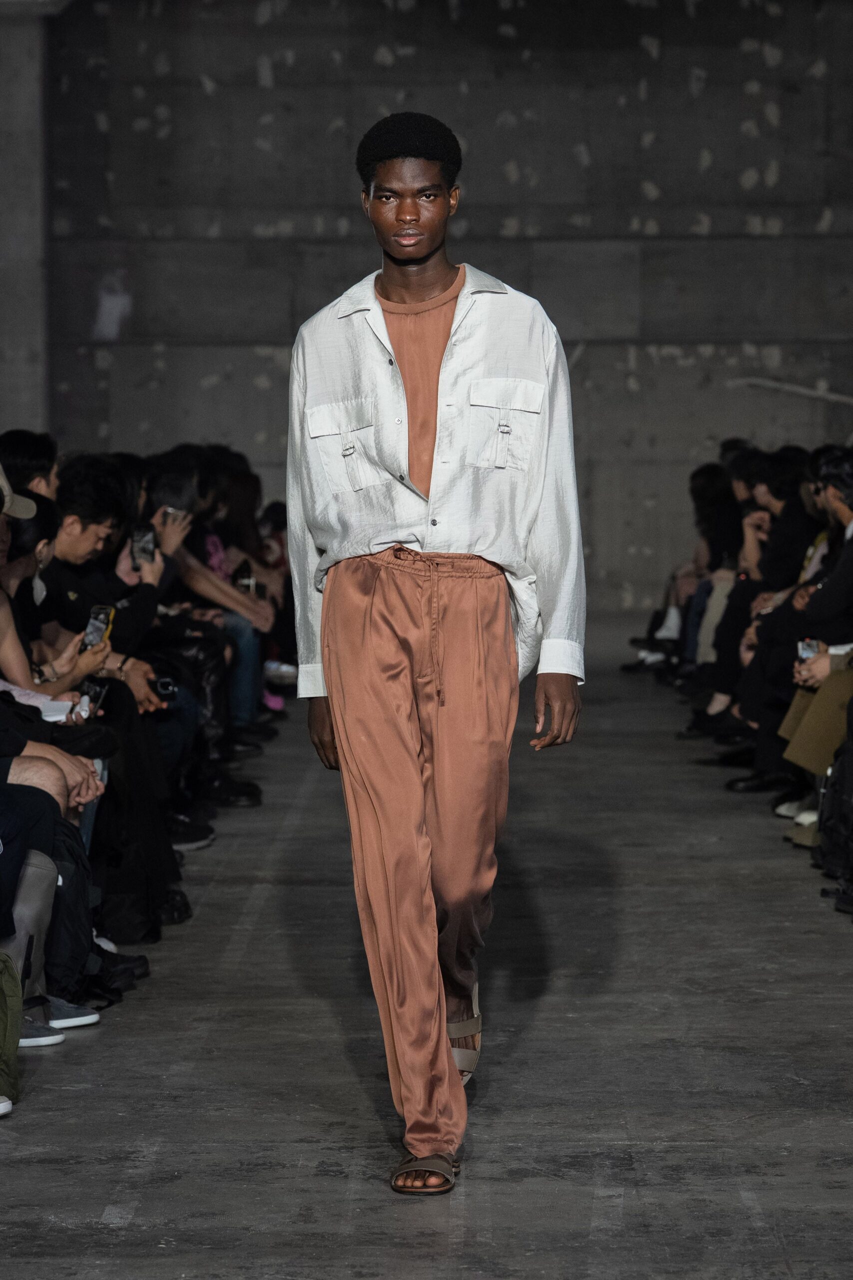 brown satin relaxed straight-leg pockets shiny pants
