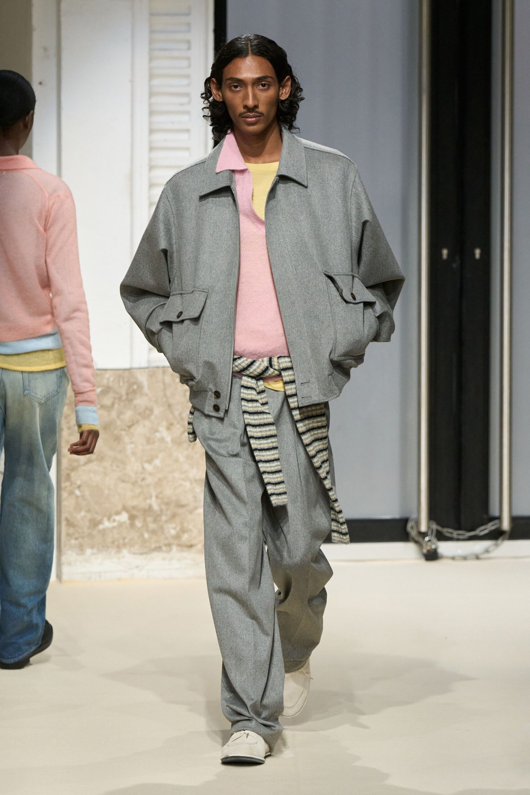 gray relaxed jacket with pink shirt