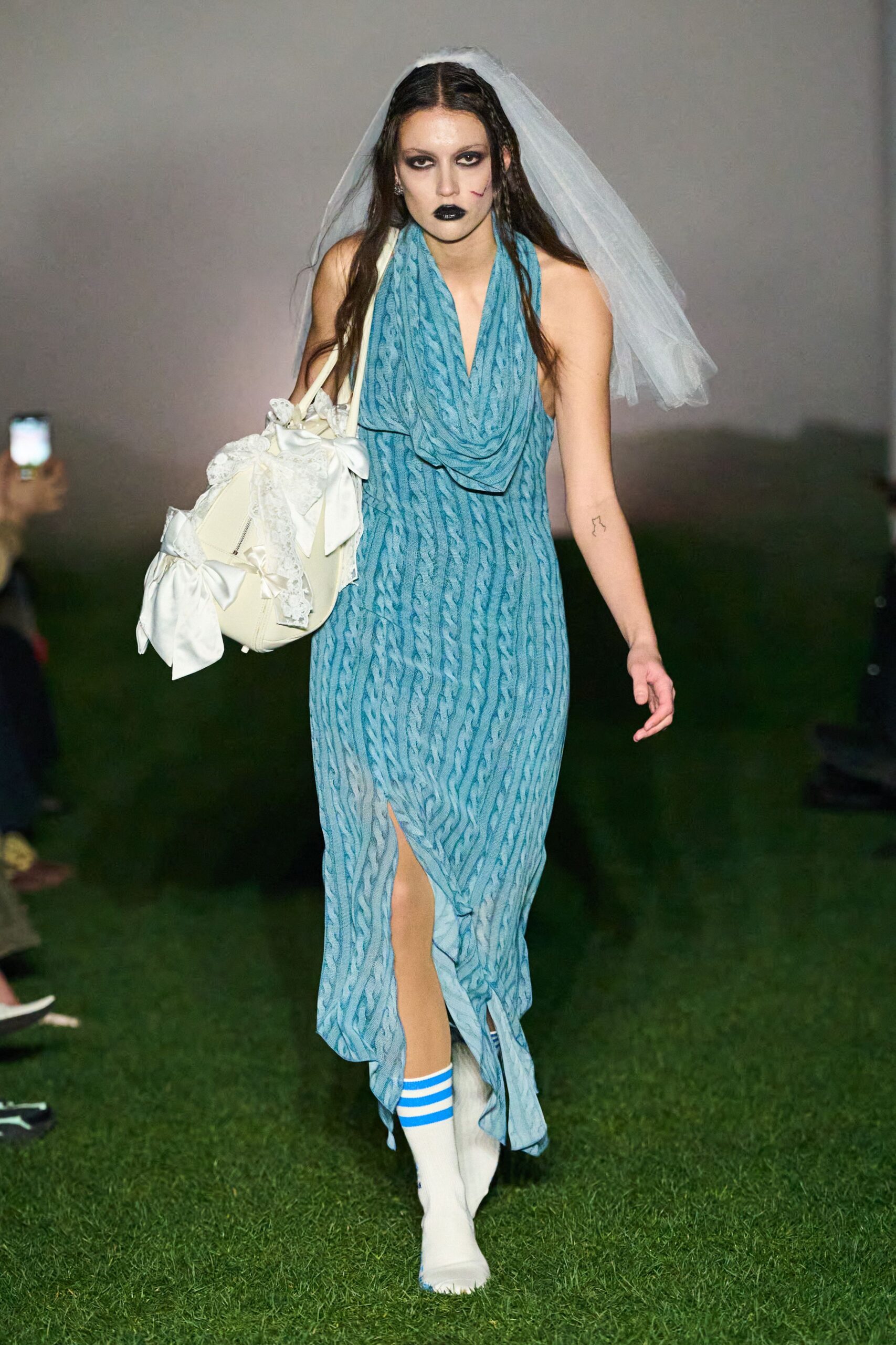 blue silk sleeveless v-neck fitted draped flowing dress