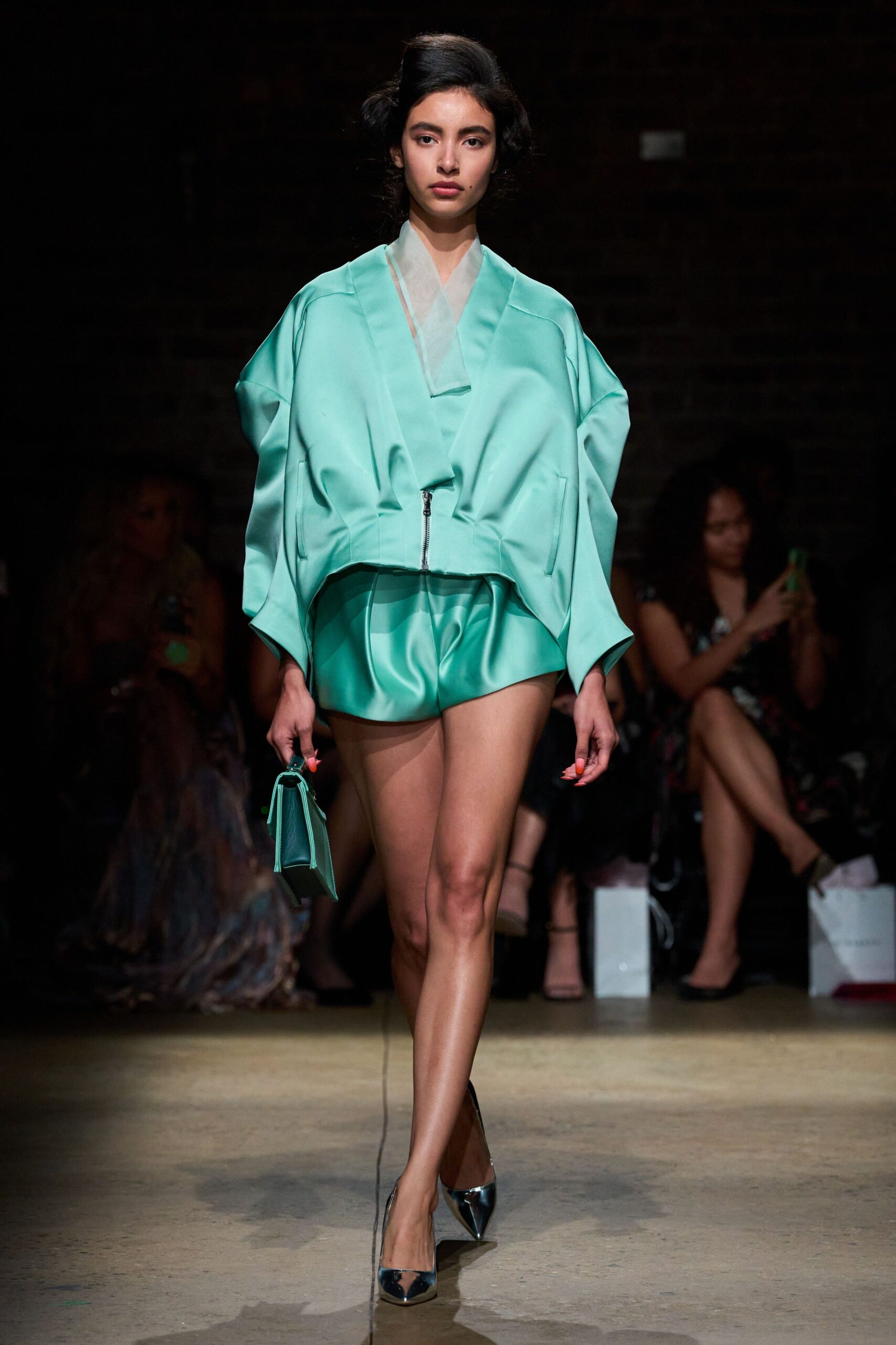 teal silk top and shorts