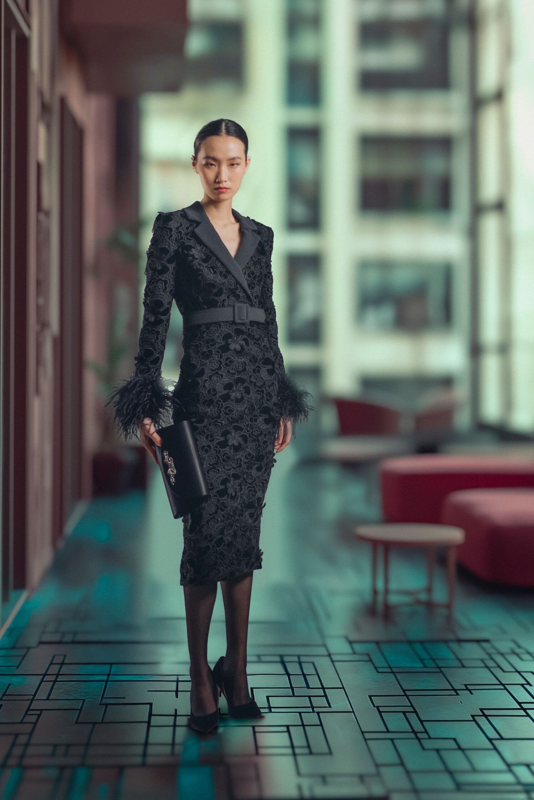 black lace long-sleeve collared fitted embroidered ruffled dress