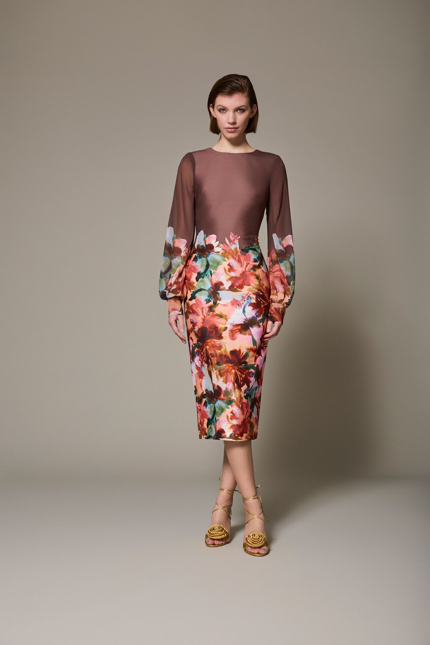 brown silk long-sleeve scoop-neck fitted floral pleated dress