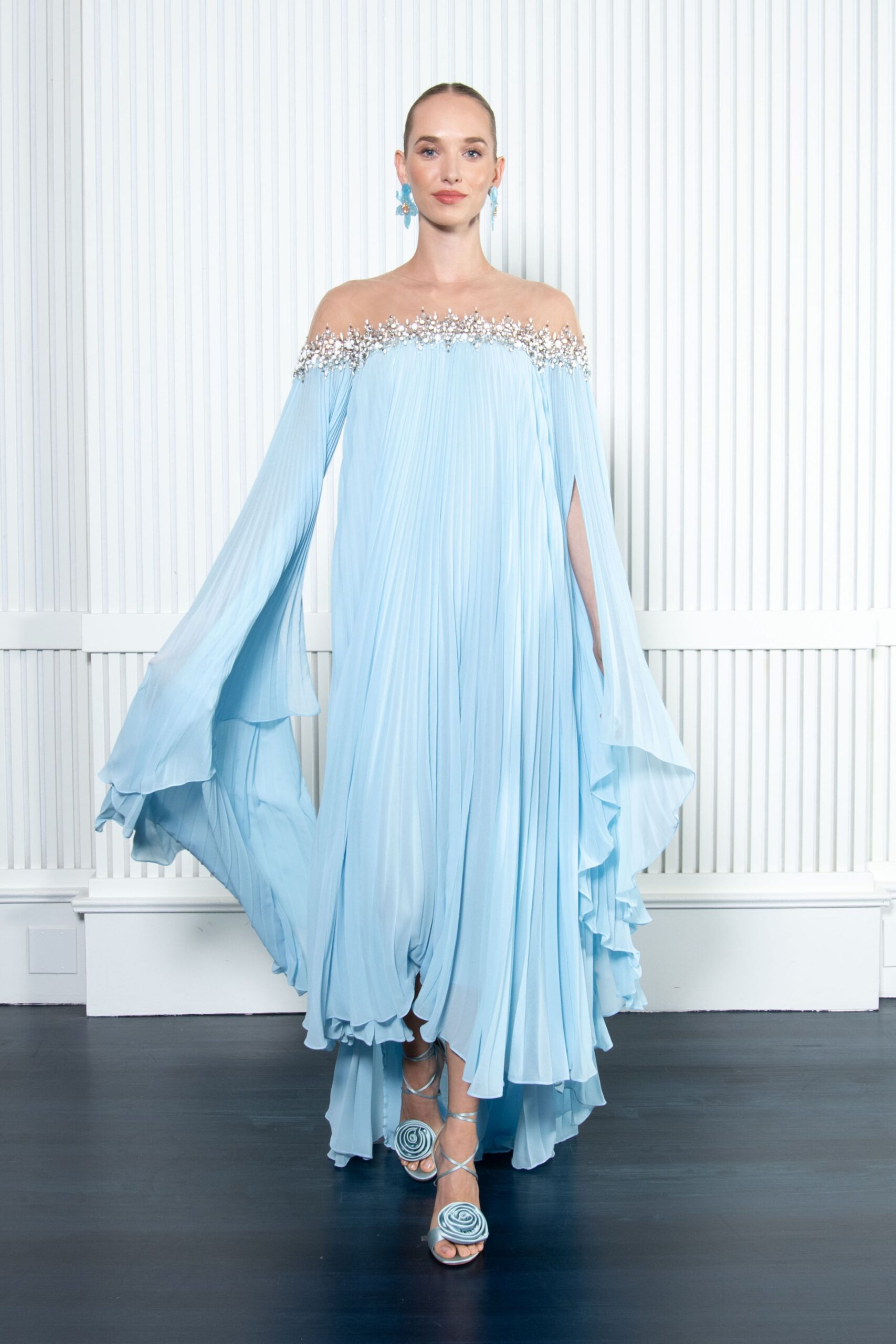 blue silk off-shoulder long-sleeve relaxed pleated draped gown