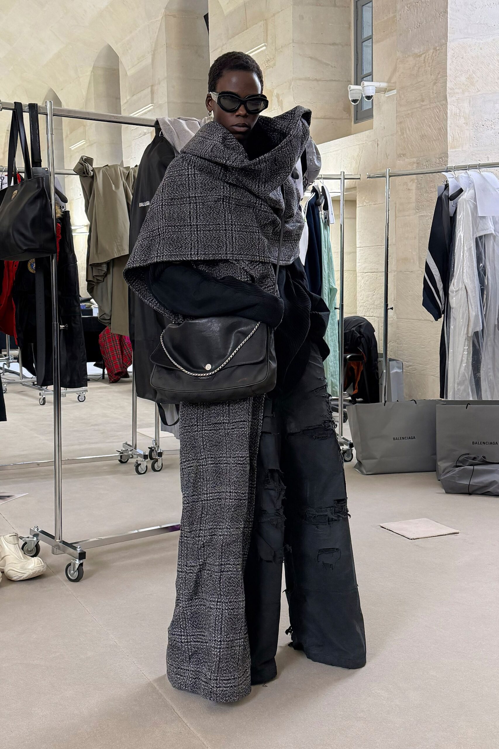 gray wool coat with black top