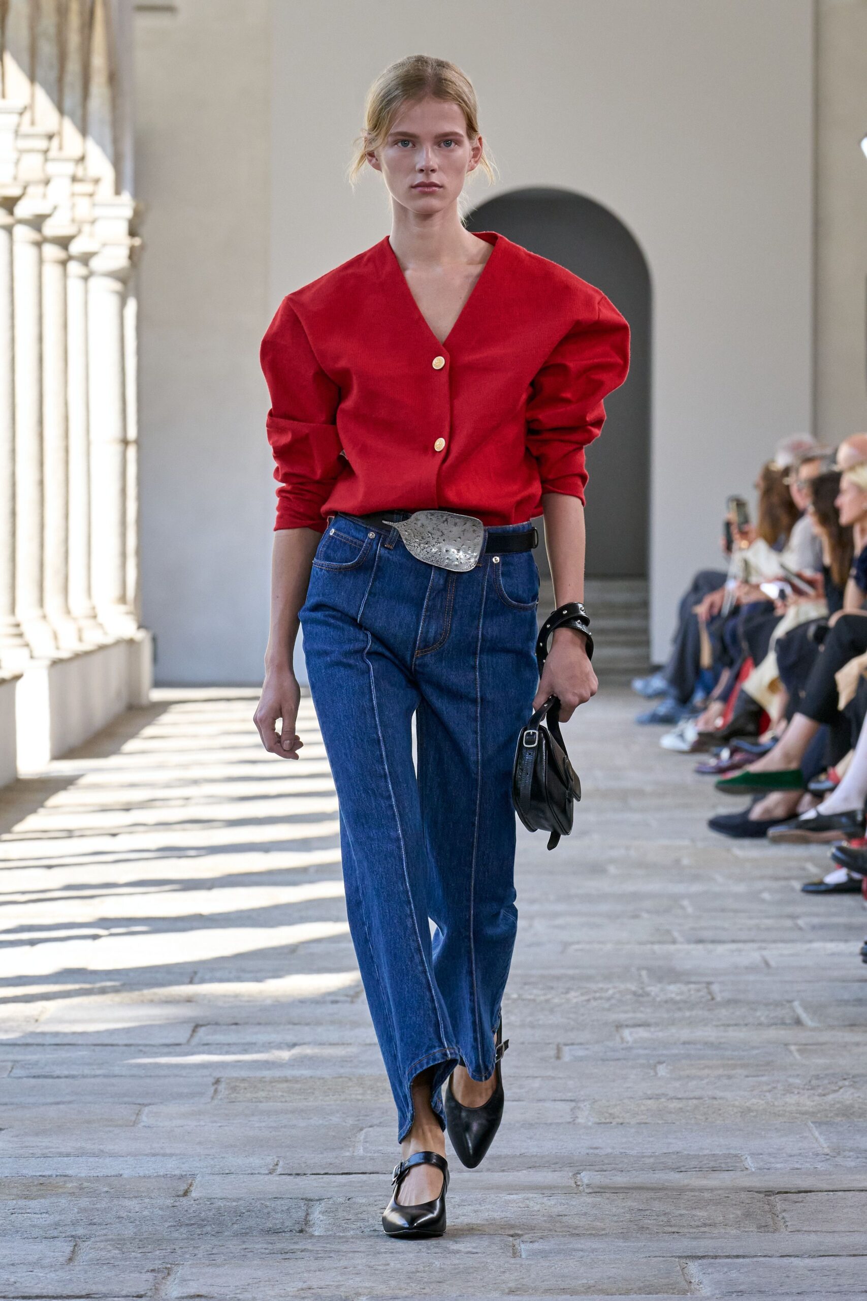 red cotton long-sleeve collared relaxed buttoned shirt