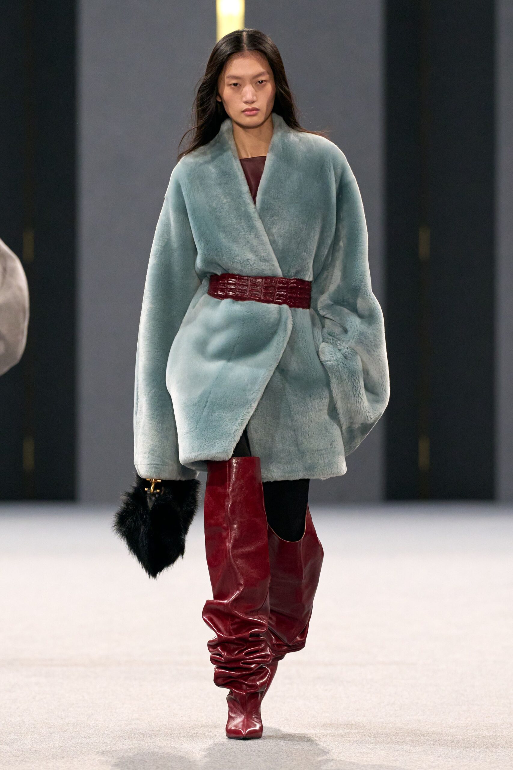 blue fur long-sleeve collared relaxed belted coat