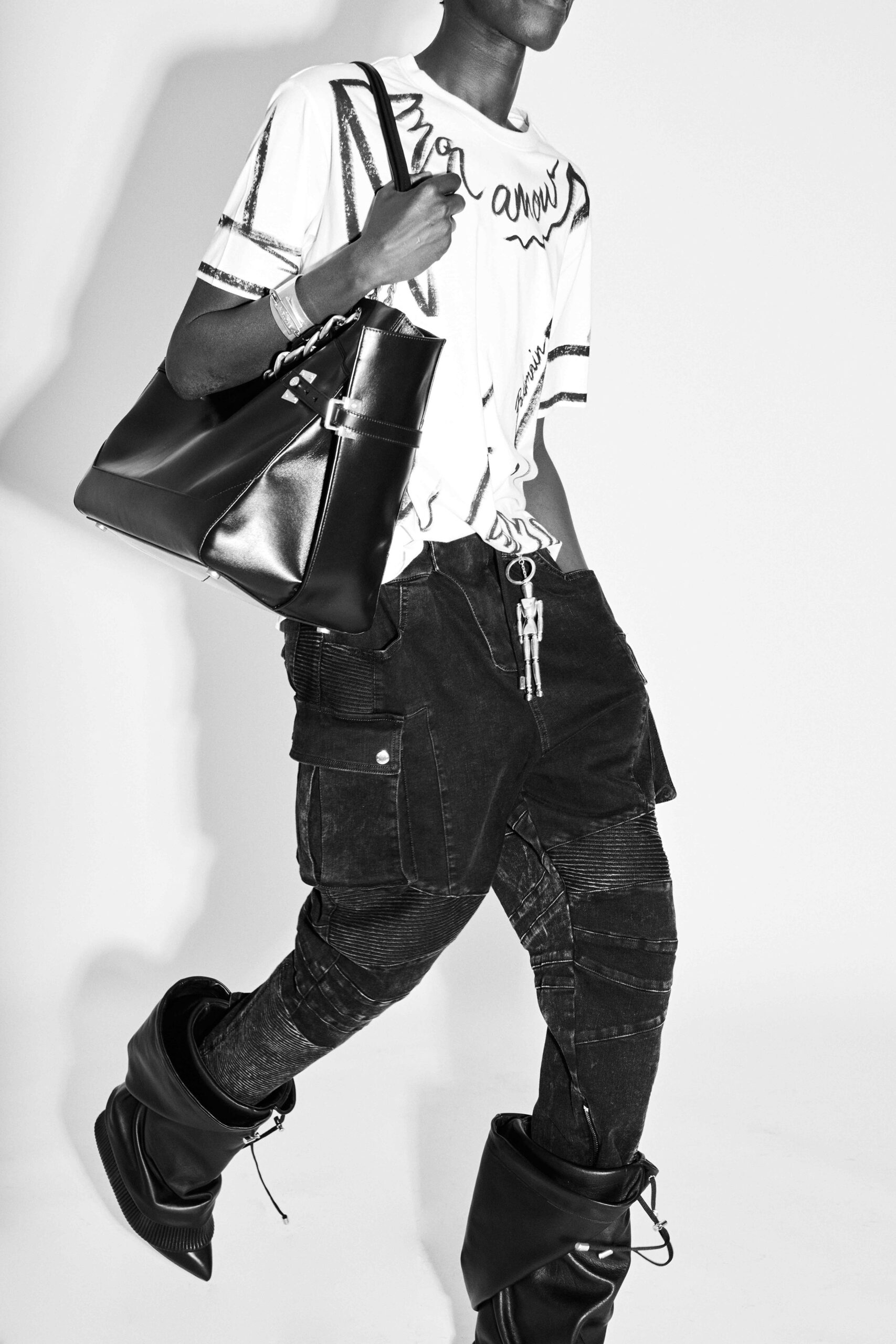 white t-shirt black cargo pants