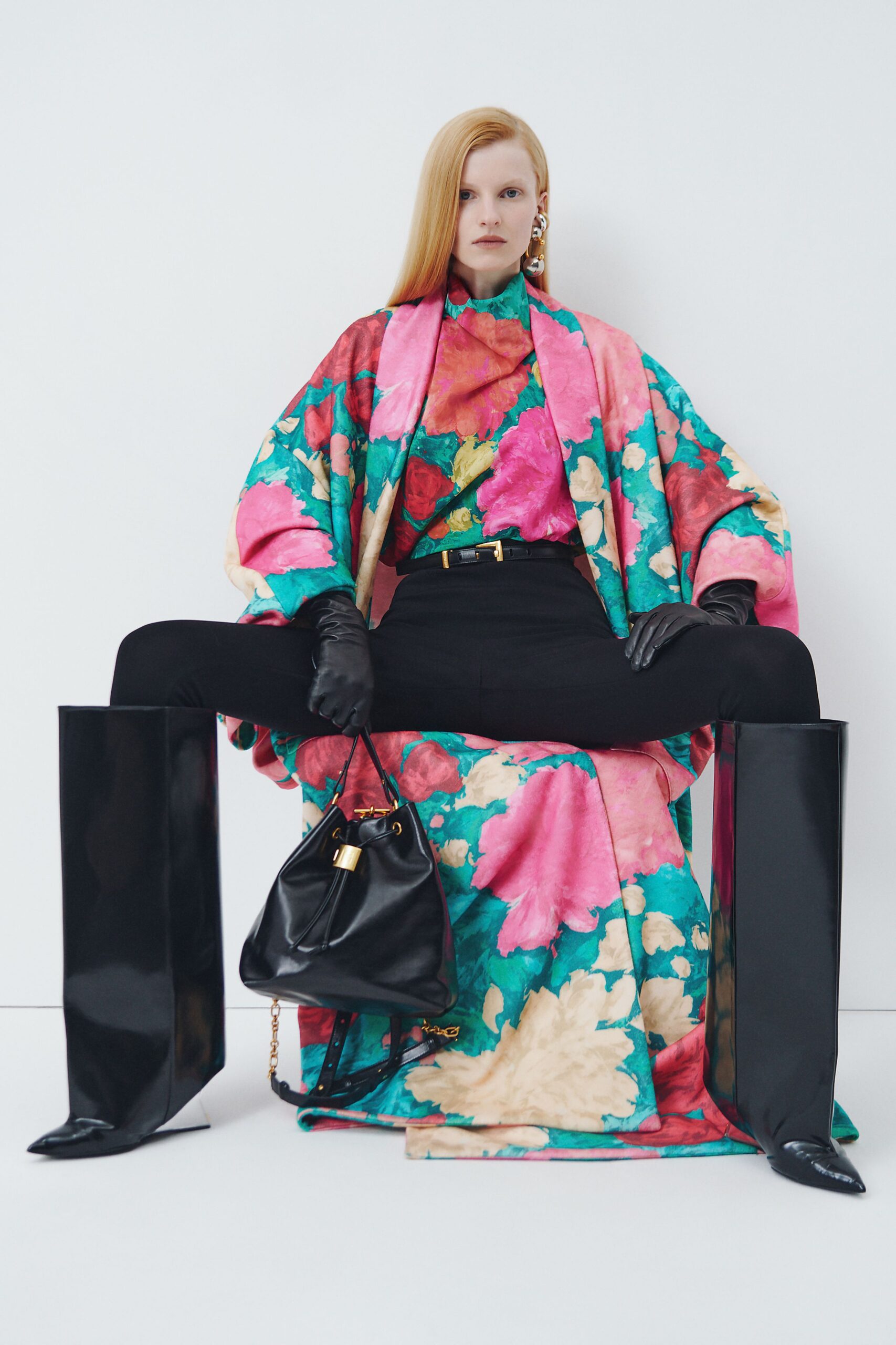 pink silk long-sleeve high-neck oversized printed layered coat