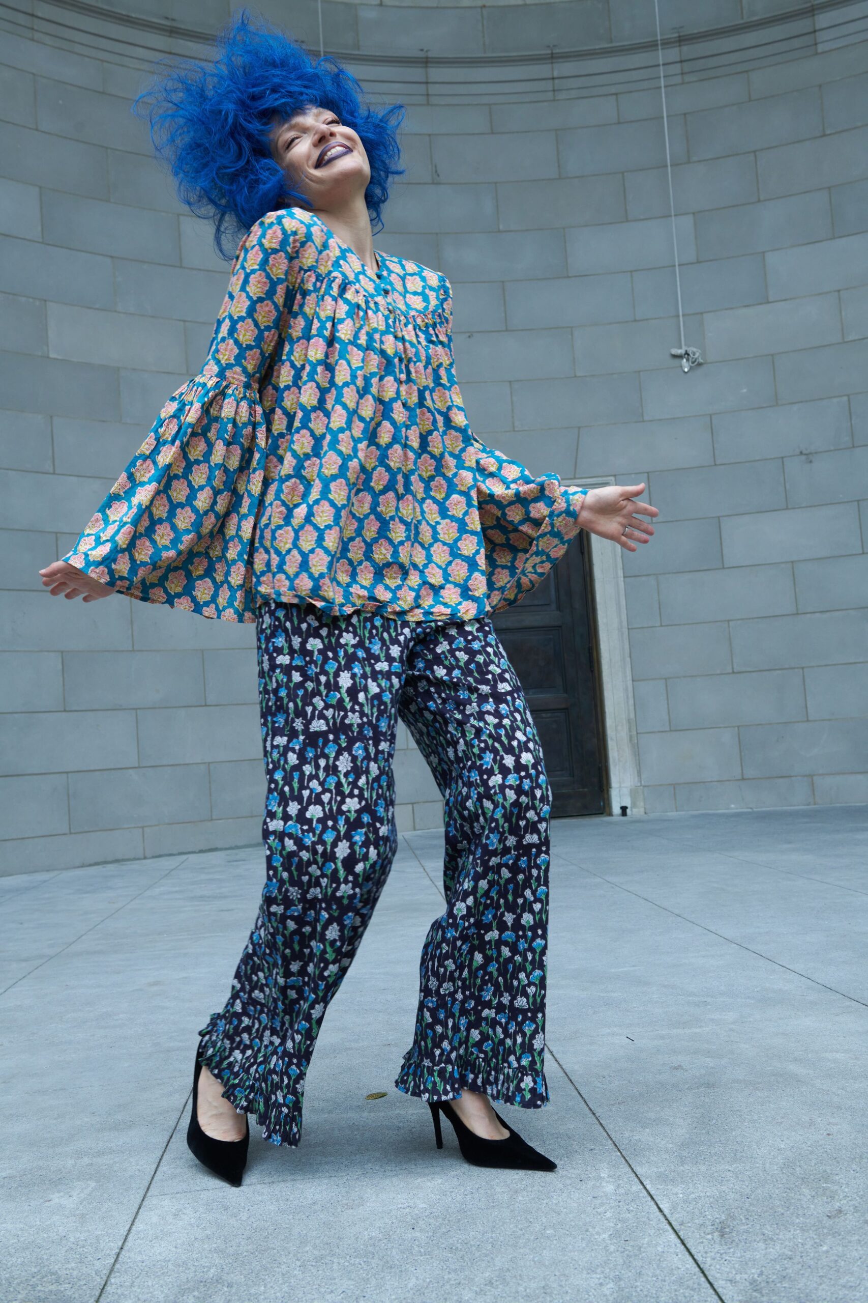 blue silk long-sleeve v-neck oversized printed flared blouse