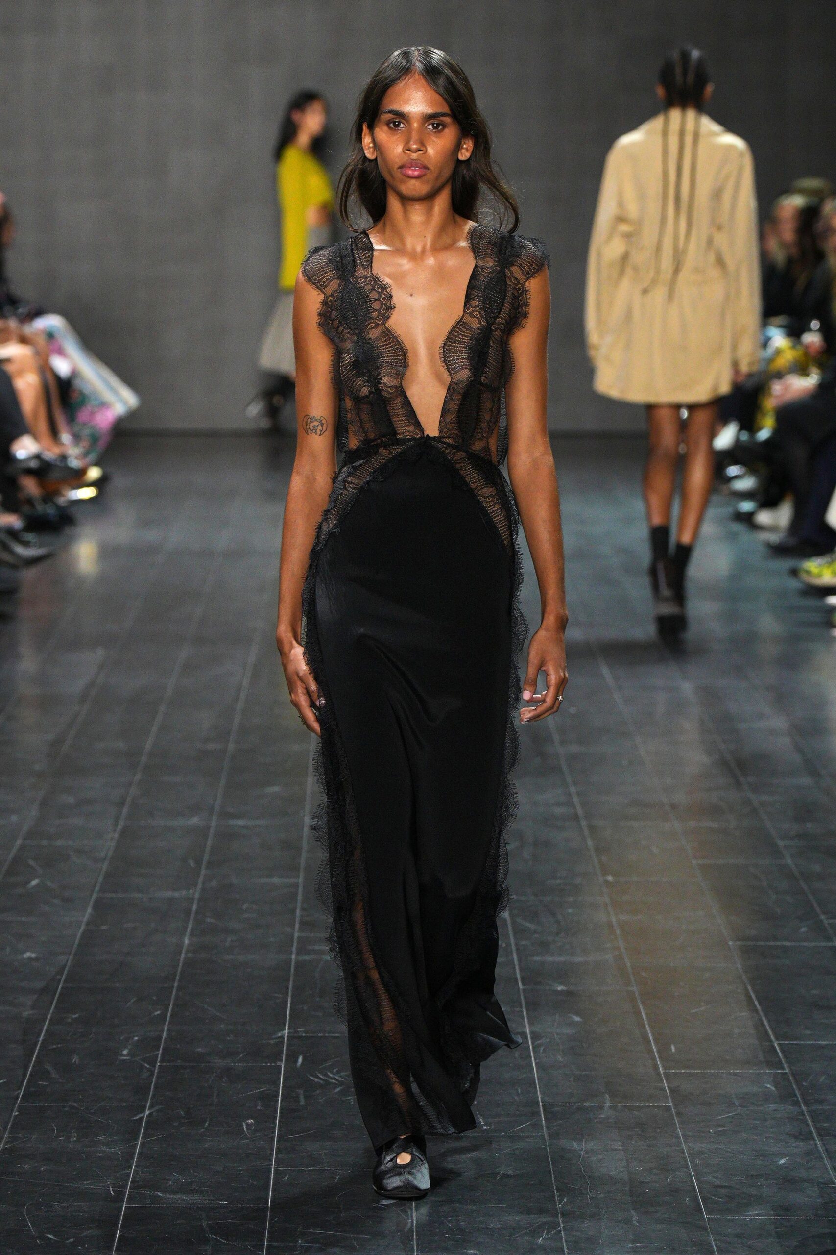 black lace sleeveless v-neck fitted draped layered gown