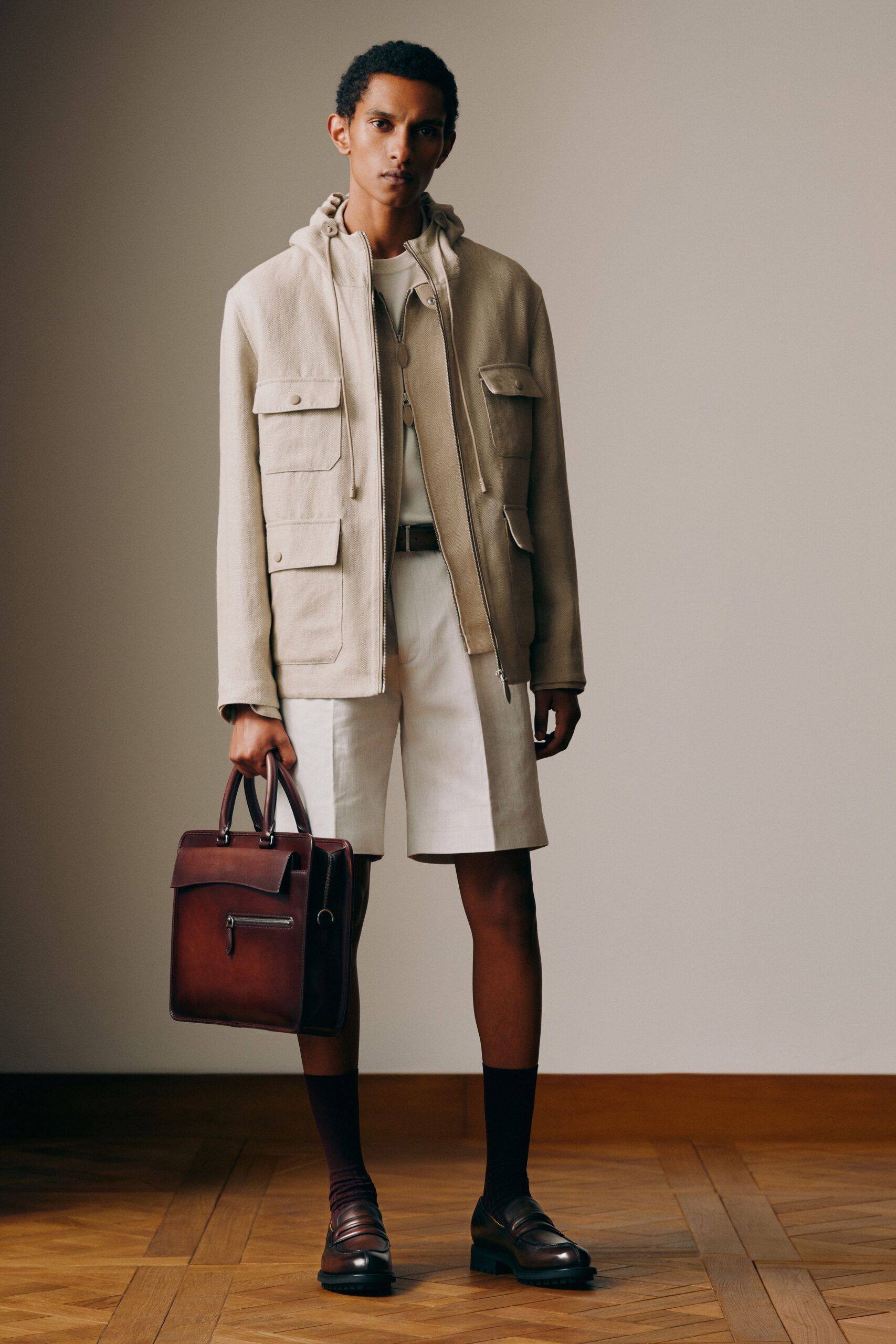beige jacket with shorts