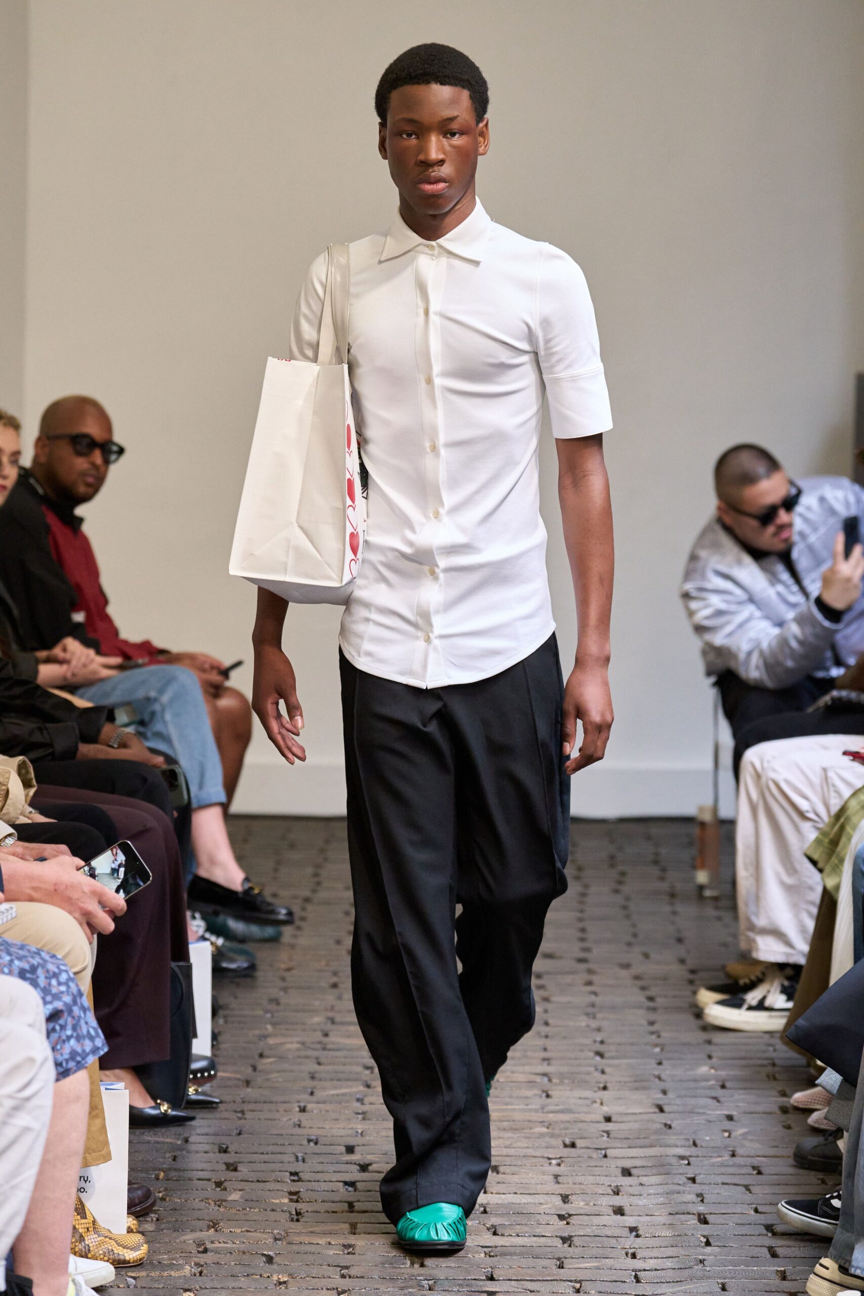 white fitted shirt black pants