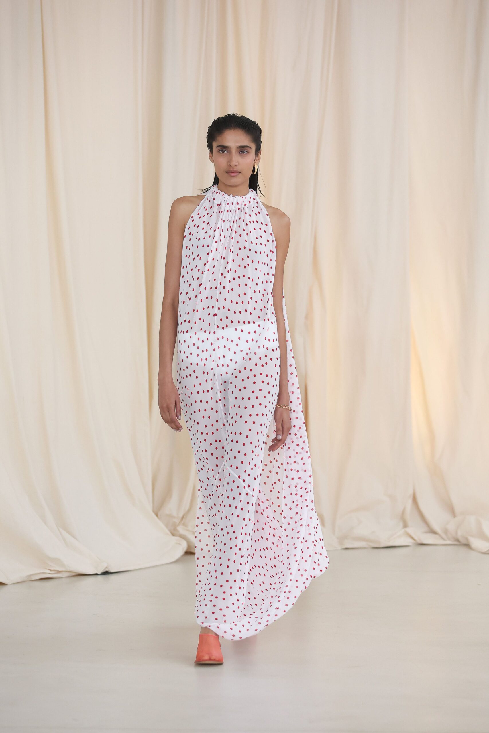 white silk sleeveless high-neck relaxed printed draped gown