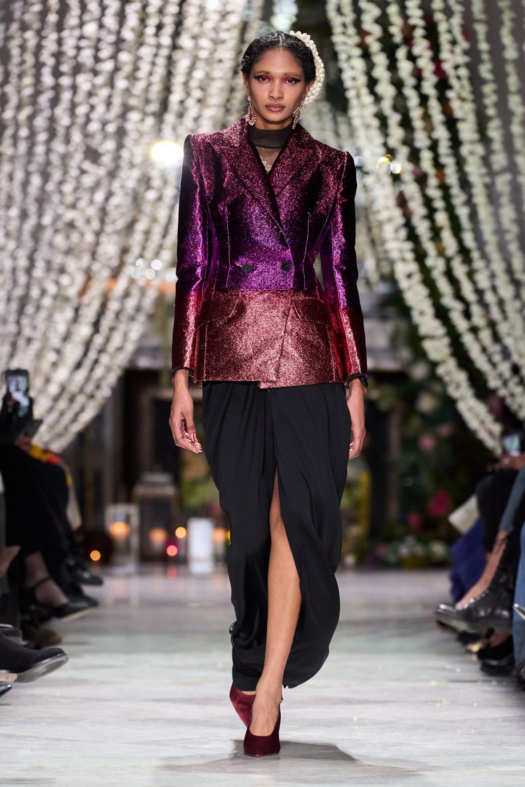 purple silk long-sleeve collared tailored zippered color-blocked blazer