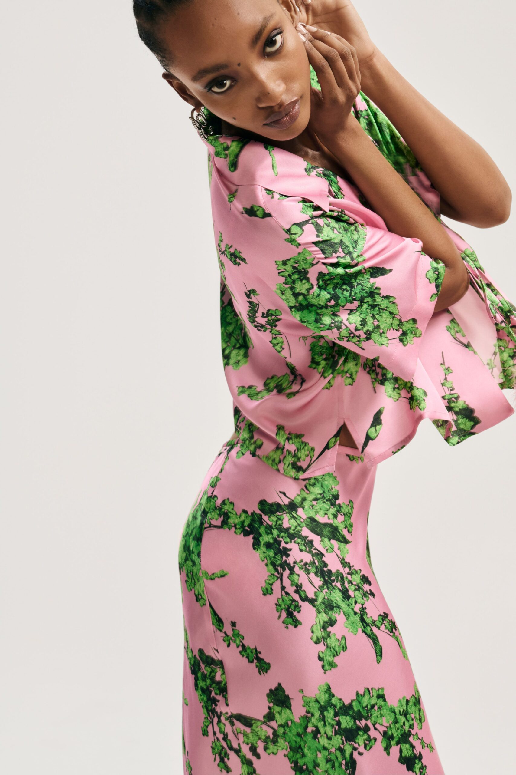 pink floral top and skirt