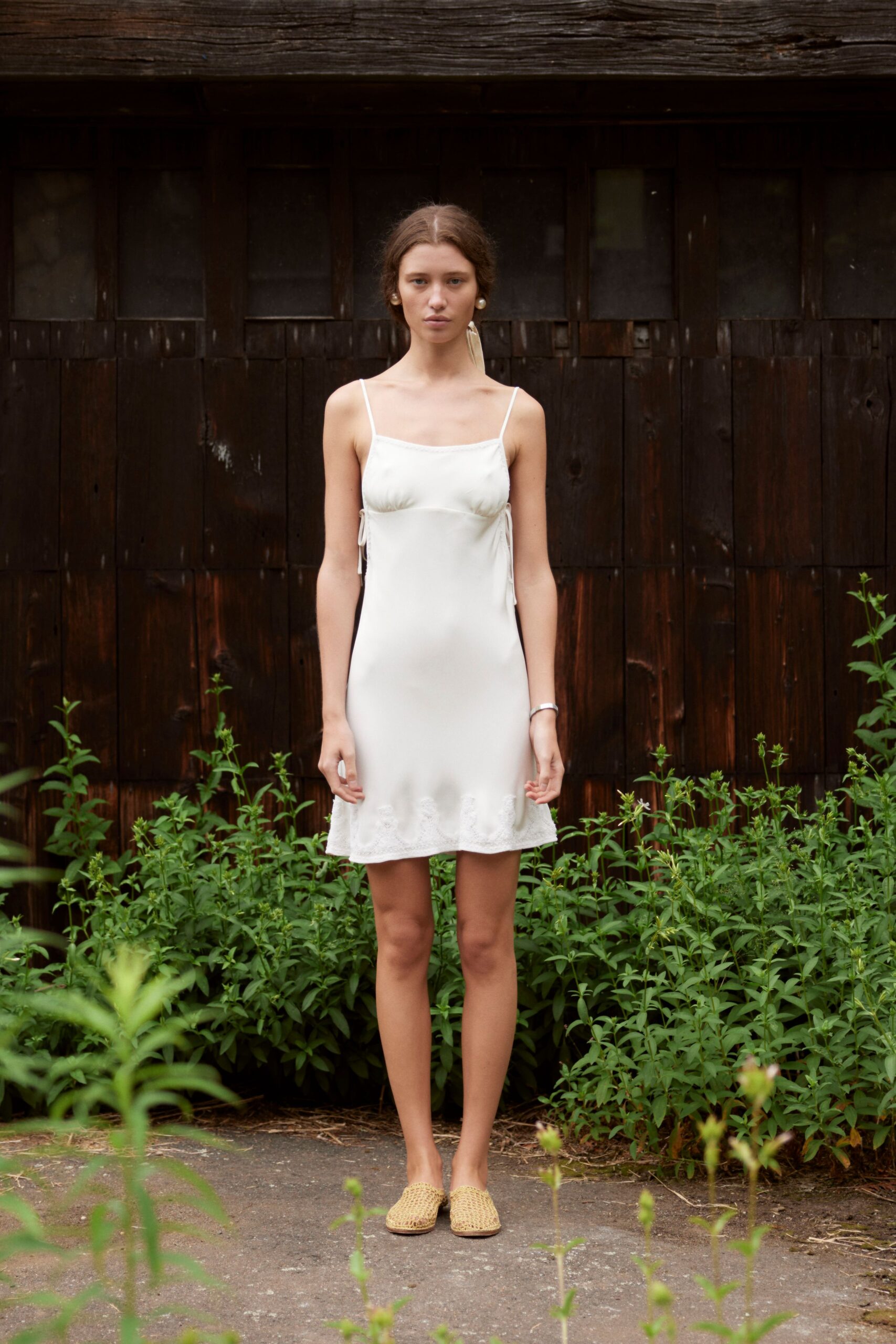 white silk mini dress with beige shoes