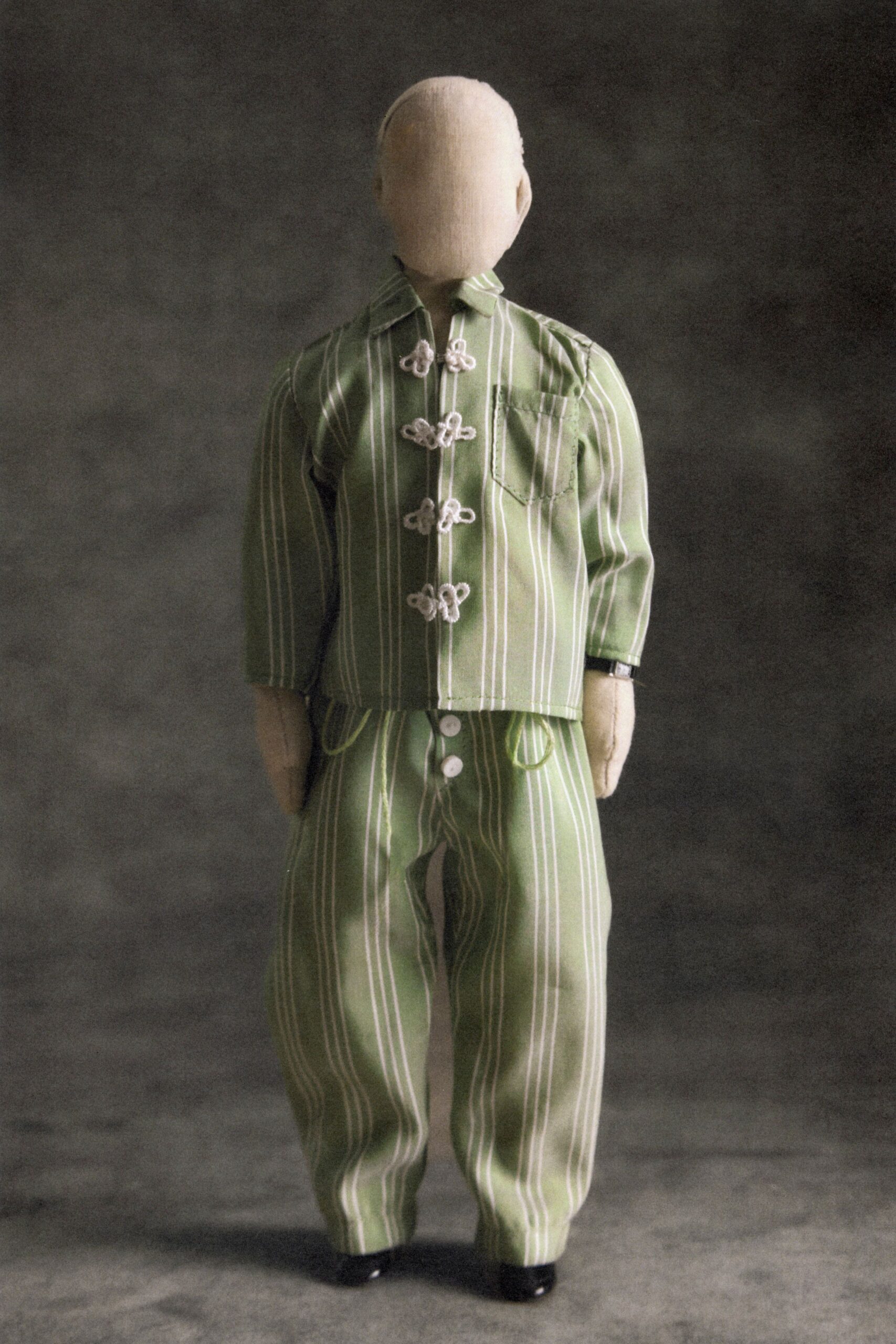 green cotton long-sleeve collared structured striped buttoned jacket