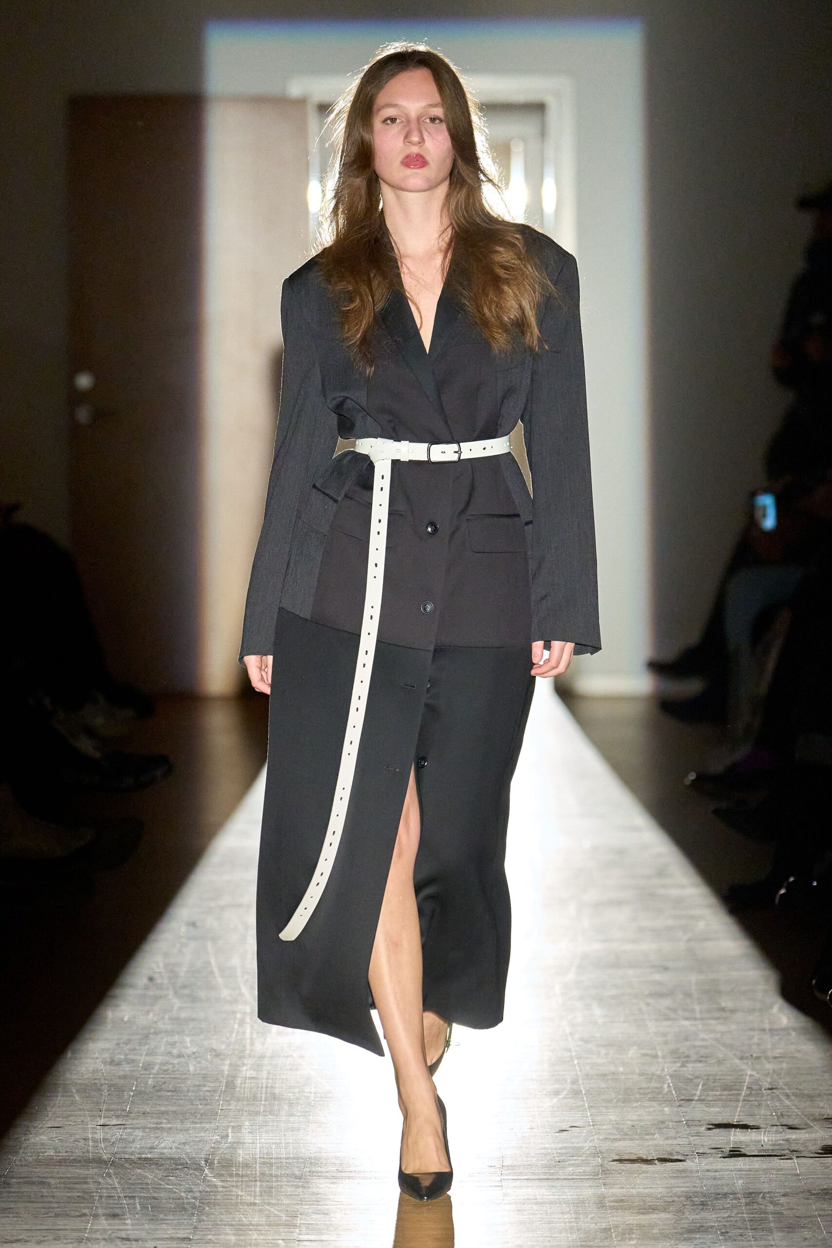 black cotton long-sleeve collared fitted belted midi dress