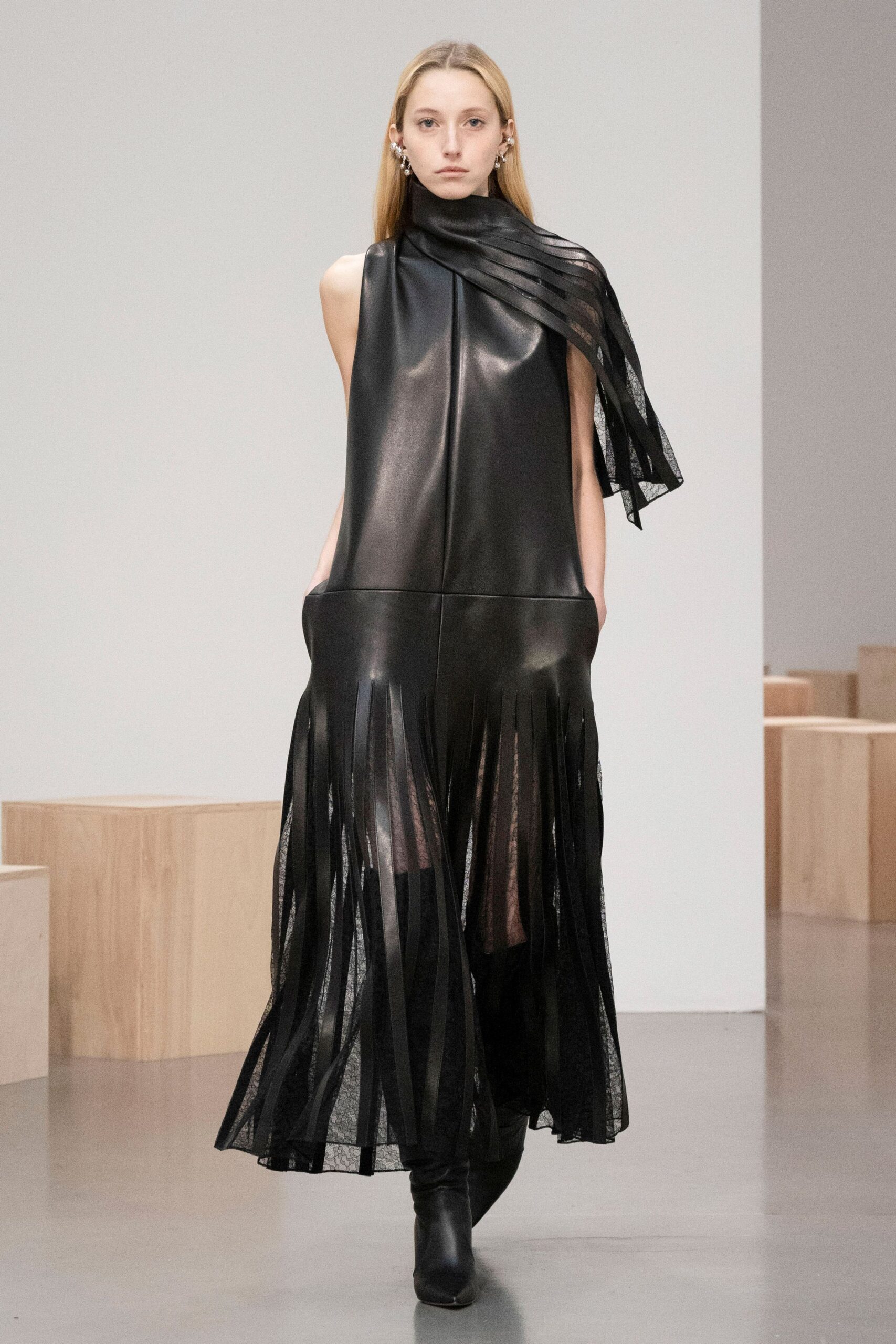 black leather sleeveless high-neck fitted pleated draped dress